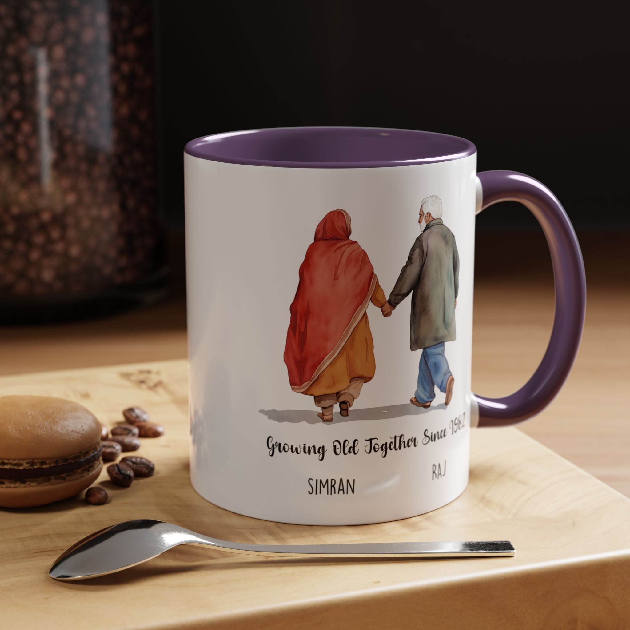 Funny Coffee Mug, Personalized Mug, Growing Old Together Since Indian Couple Accent Cup 11/15oz, Anniversary, Wedding, Romantic For Him her