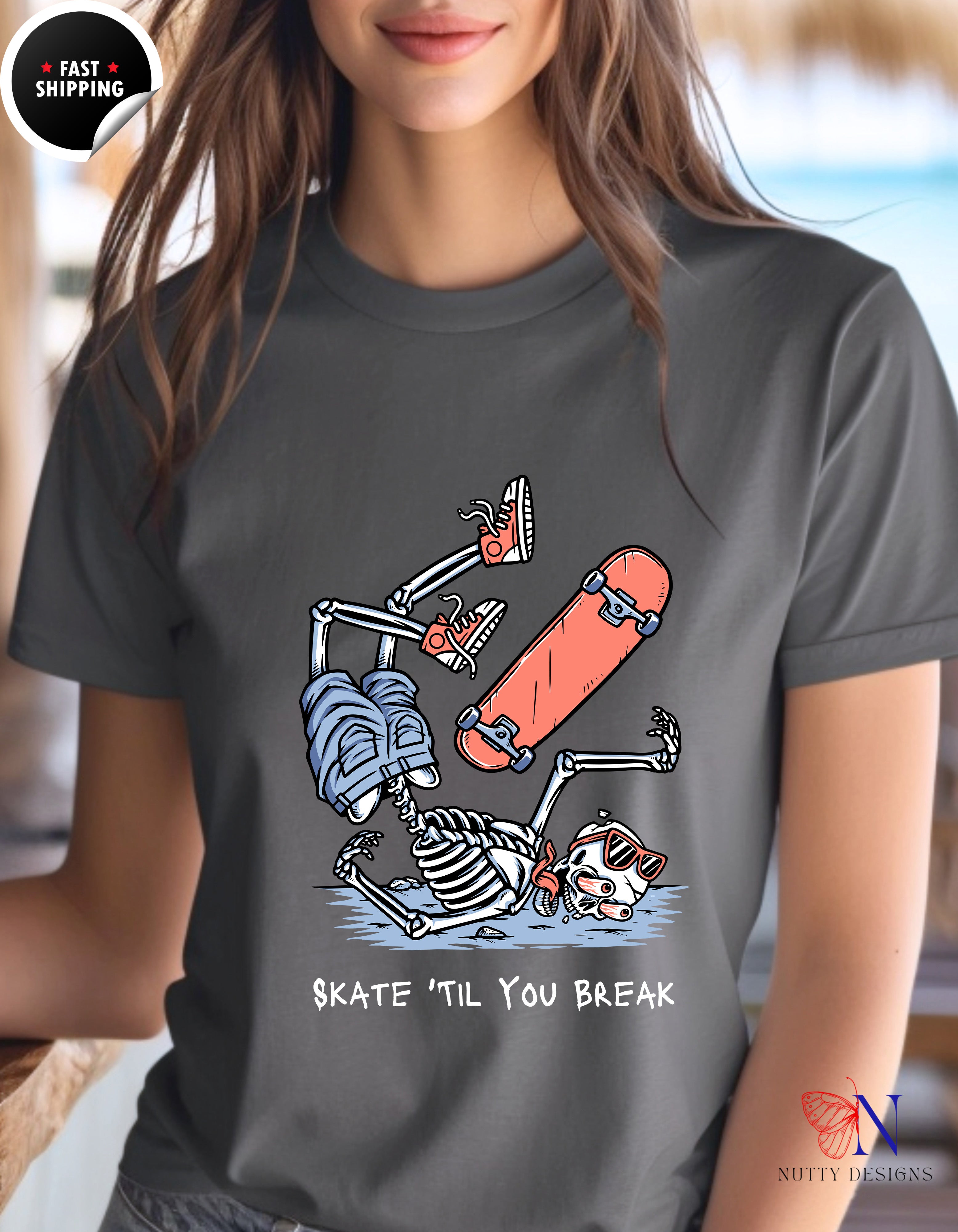Skate Till You Break — Skateboard Shirt for Skaters T-Shirt Lifestyle Mockup | Nutty Designs