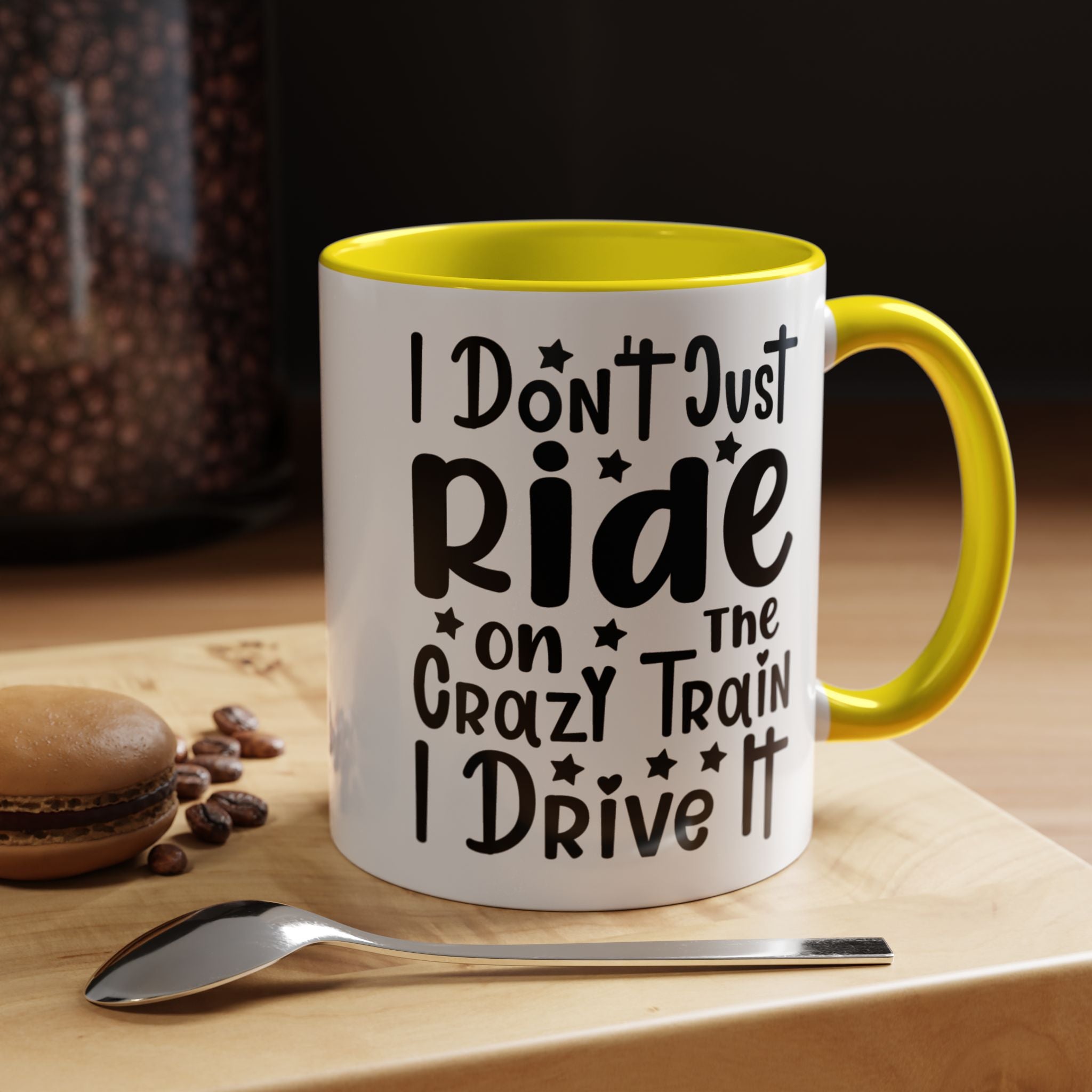 Funny Coffee Mug, Personalized Mug, I don't Just Ride On The Crazy Train I Drive It,  Accent Cup (11, 15oz), Gift Under 20, White Elephant