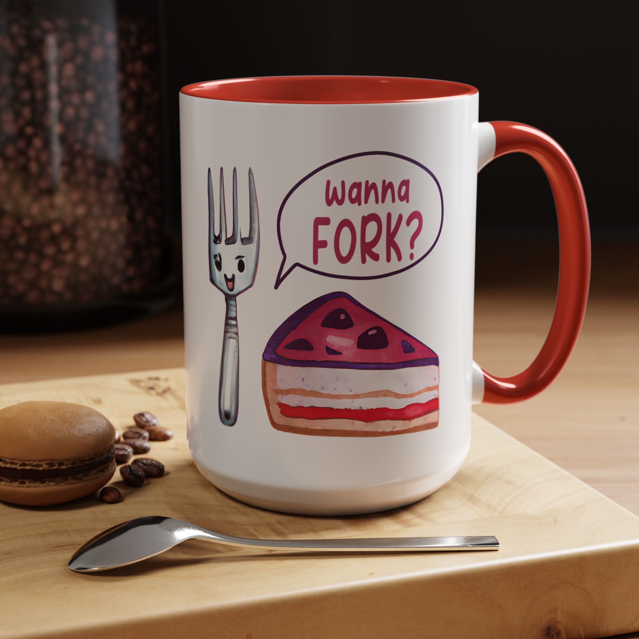 Wanna Fork? Cute Cake & Fork Illustration Mug Lifestyle Mockup | Nutty Designs