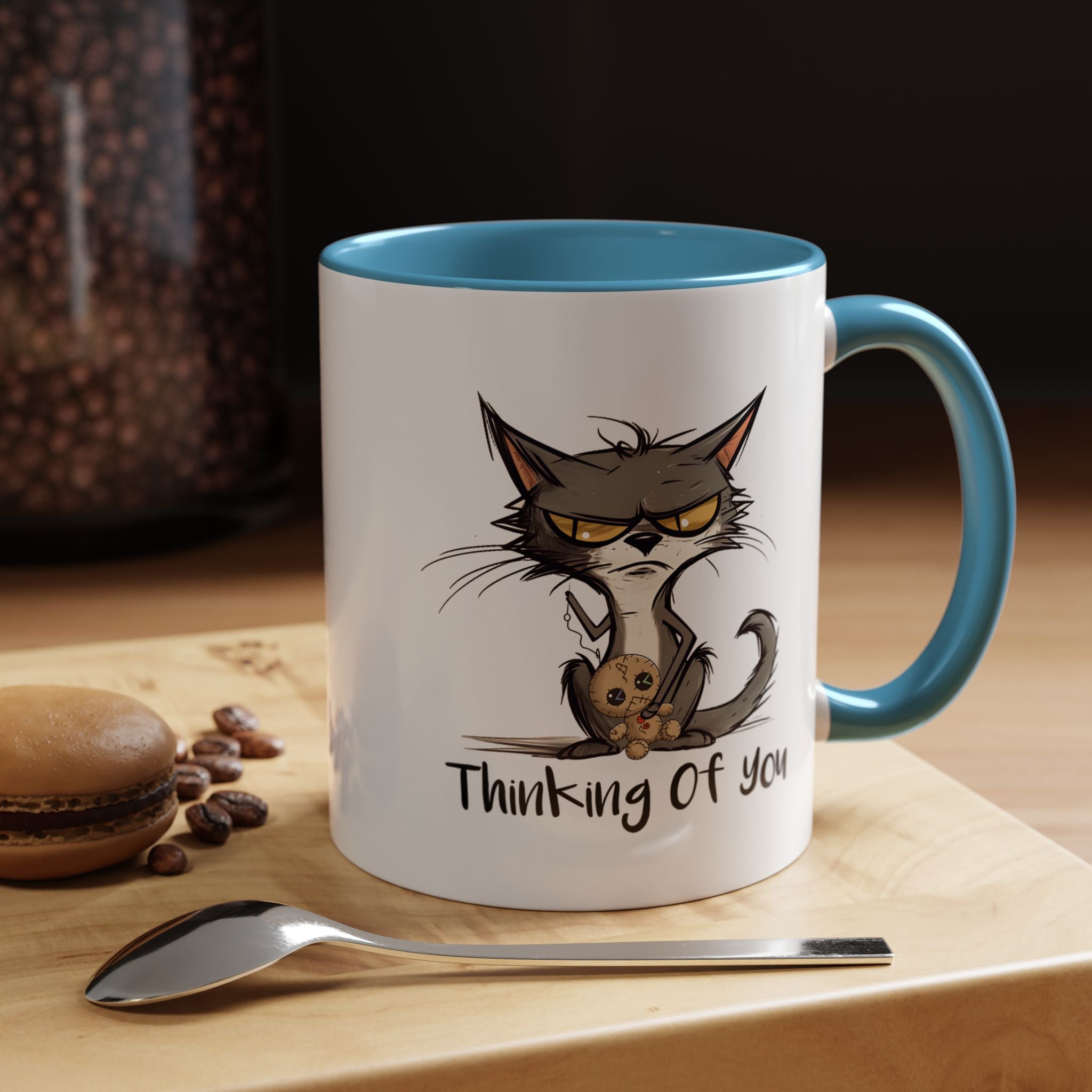 Funny Coffee Mug, Personalized Mug, Thinking Of You, Grumpy Cat Holding Voodoo Doll  Accent Cup (11, 15oz), Gift Under 20, White Elephant