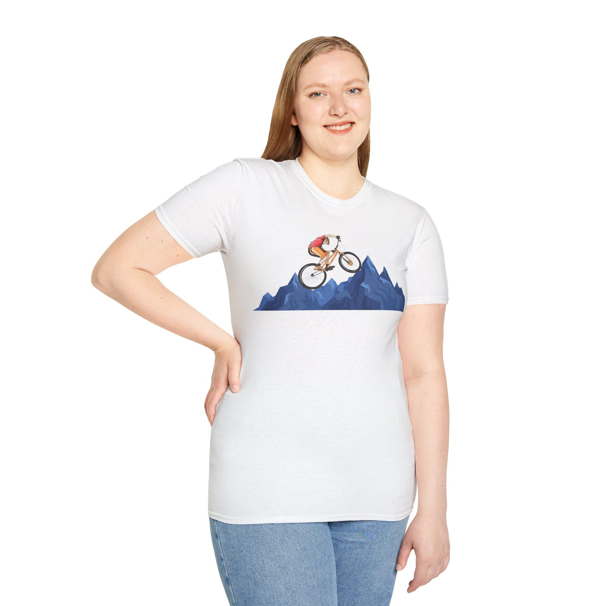 White mountain biking retro t-shirt with a vintage cyclist graphic, worn by a person. Ideal for trail riders seeking classic style.