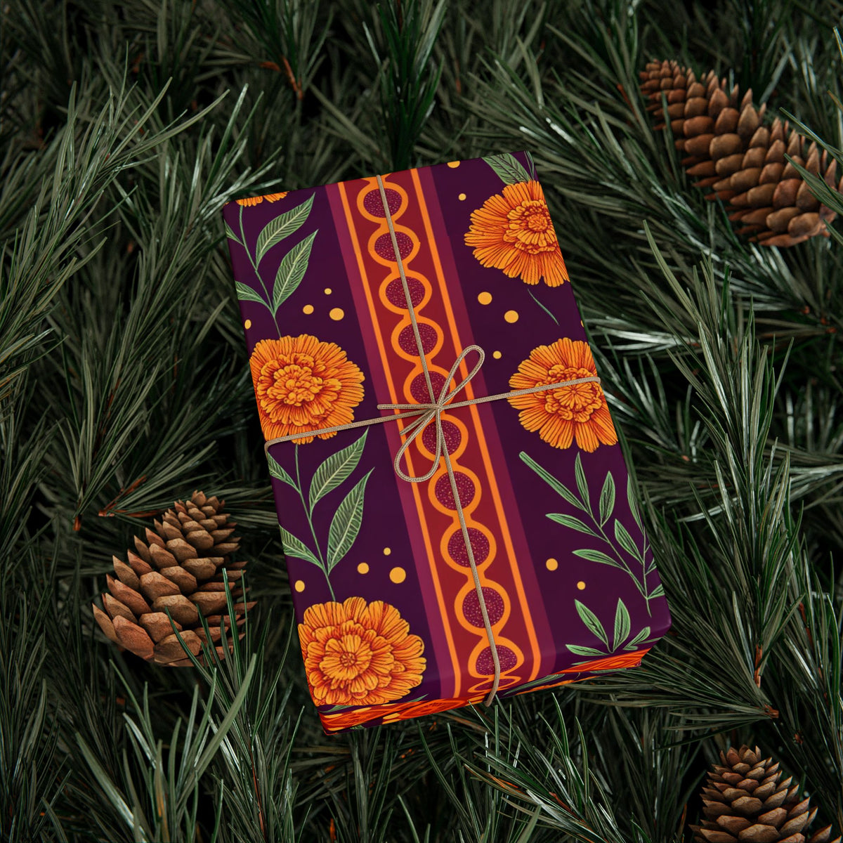 Diwali Wrapping Paper Roll - Marigold Festive Stripe Indian Gift Wrap