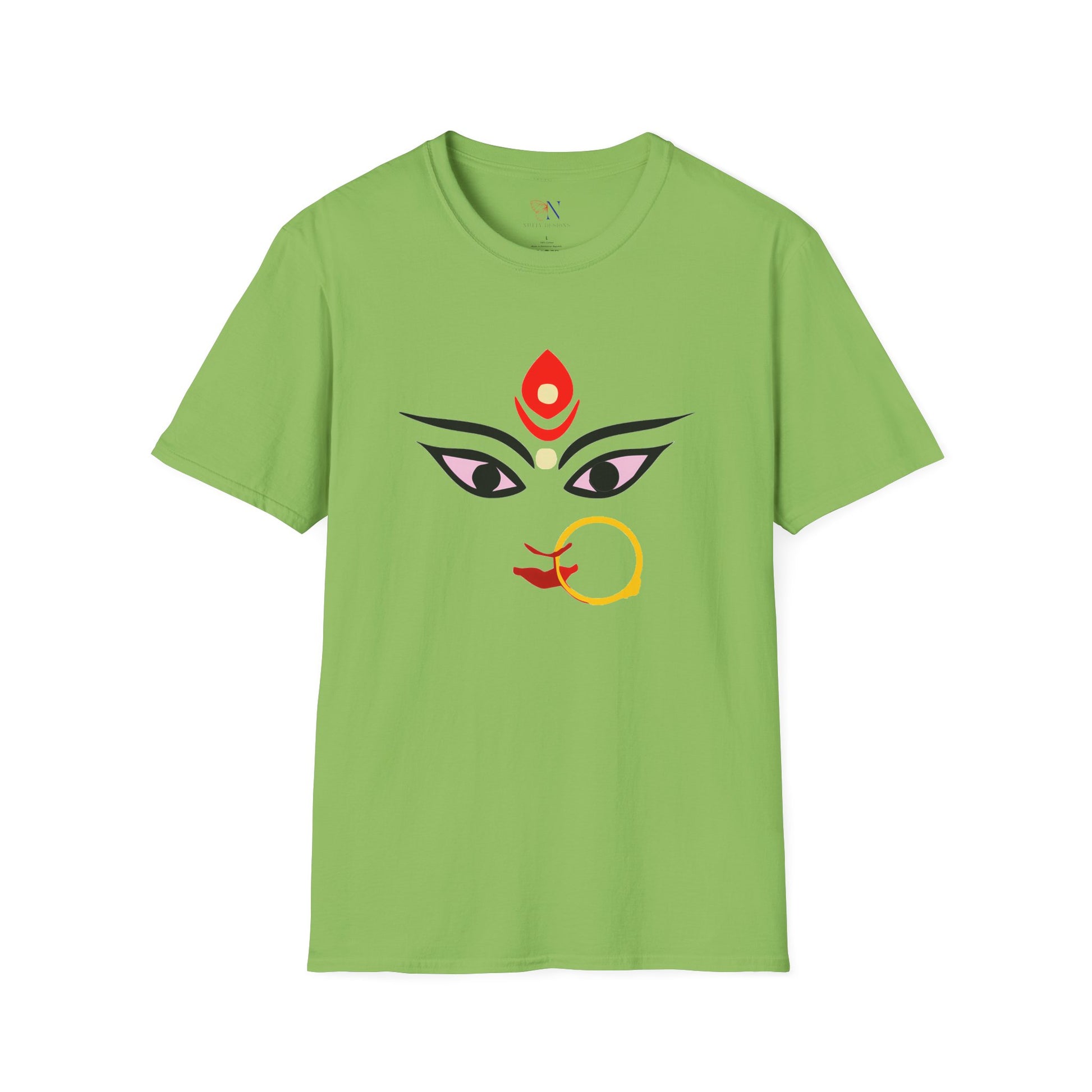 Green T-shirt with Durga Parvati Bhavani graphic, perfect for Diwali, Navratri, Durga Pooja gift for Hindu religion followers.