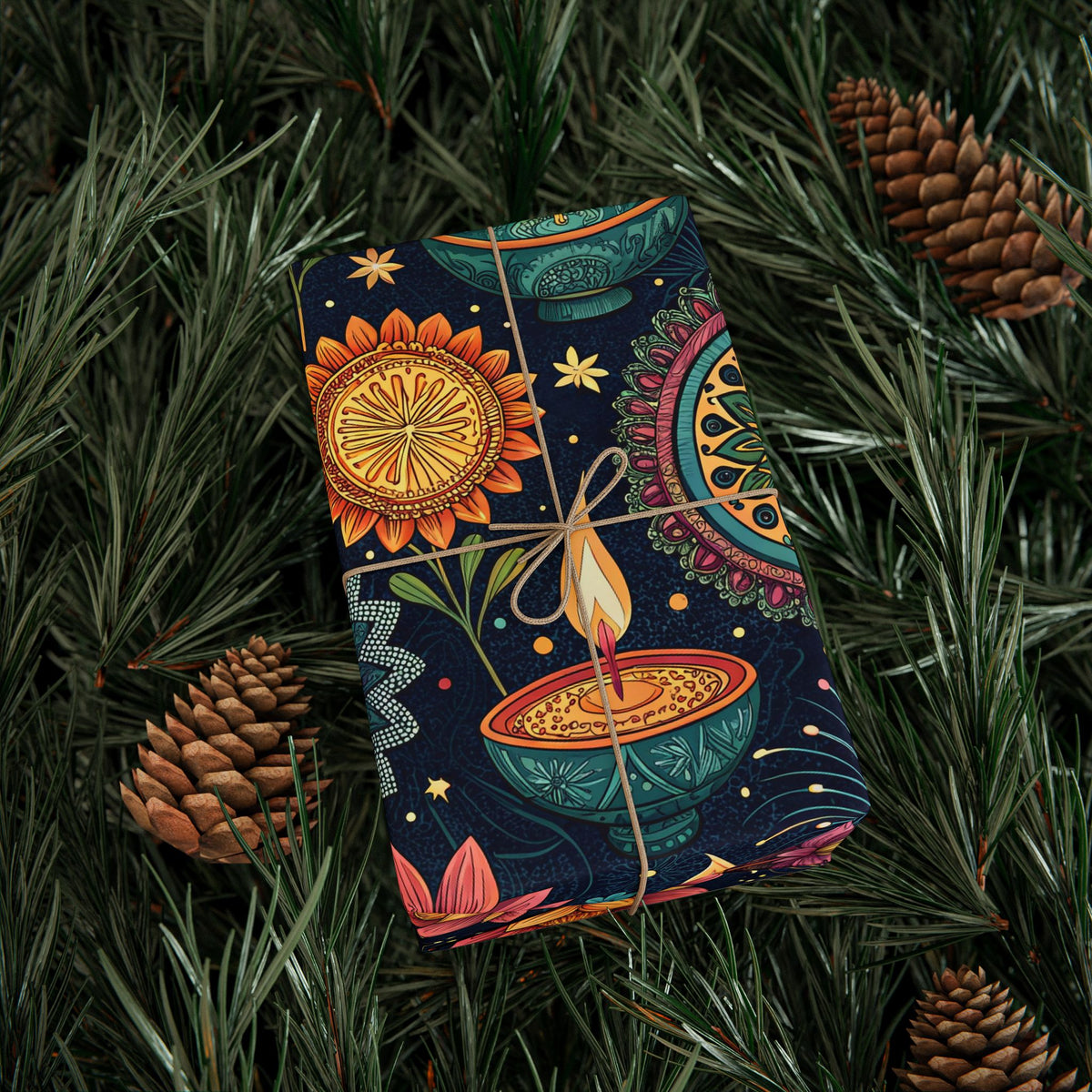 Diwali Wrapping Paper Roll - Navy Diyas, Lotus & Fireworks Indian Gift Wrap