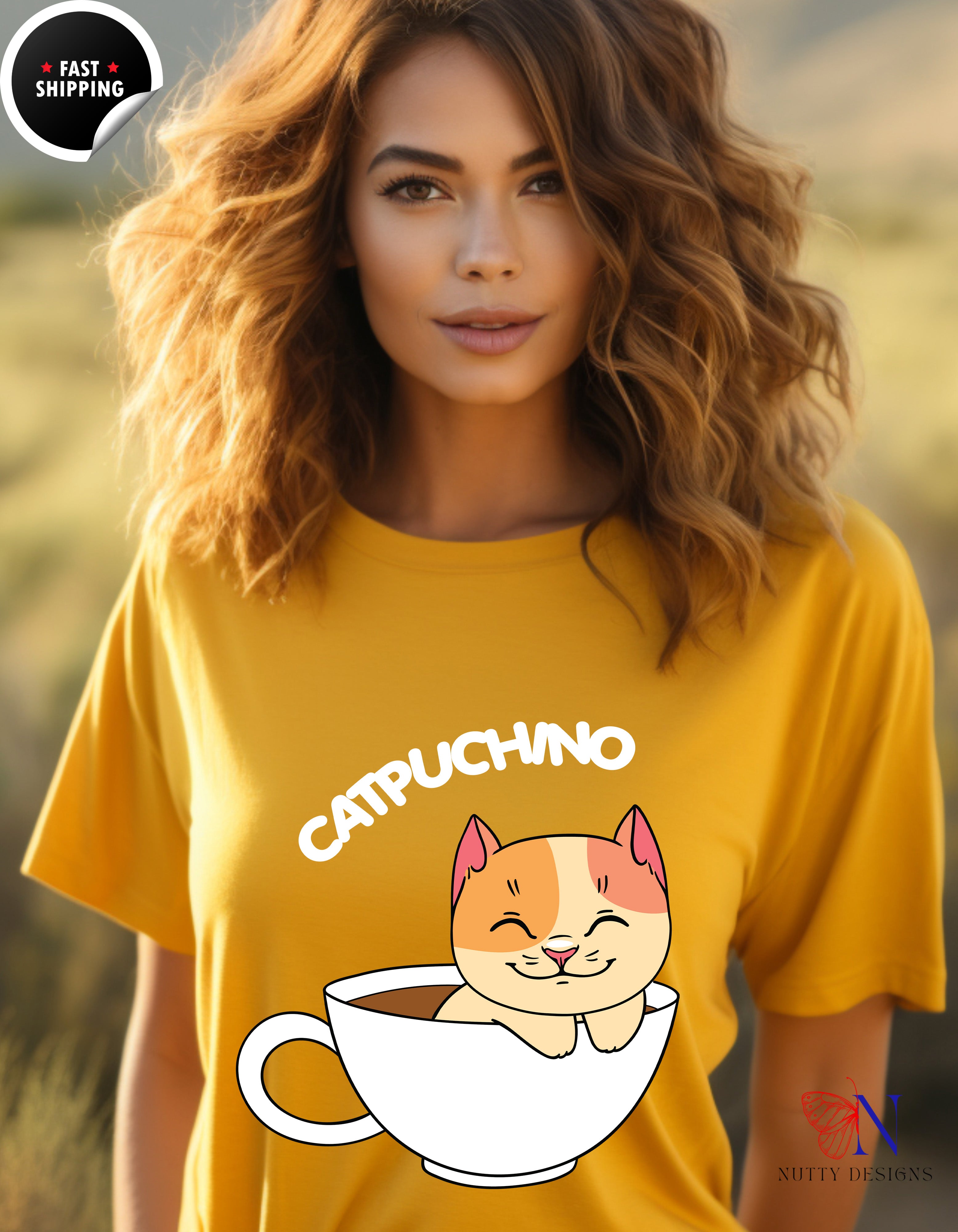 Cat Coffee Lover Shirt, Catpuchino T-Shirt Lifestyle Mockup | Nutty Designs