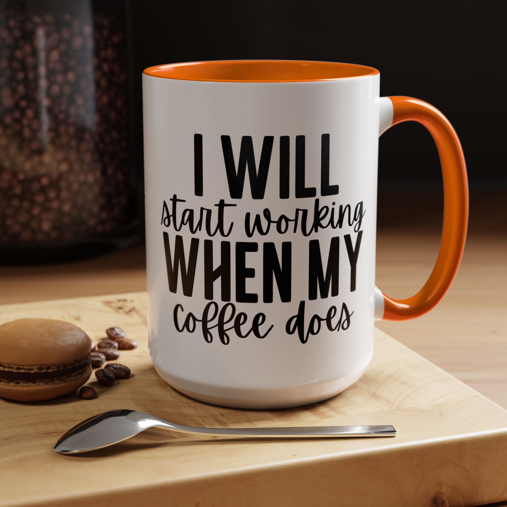 Funny Coffee Mug, Personalized Mug, I Will Start Working When My Coffee Does Accent Cup (11, 15oz), Gift Under 20, White Elephant