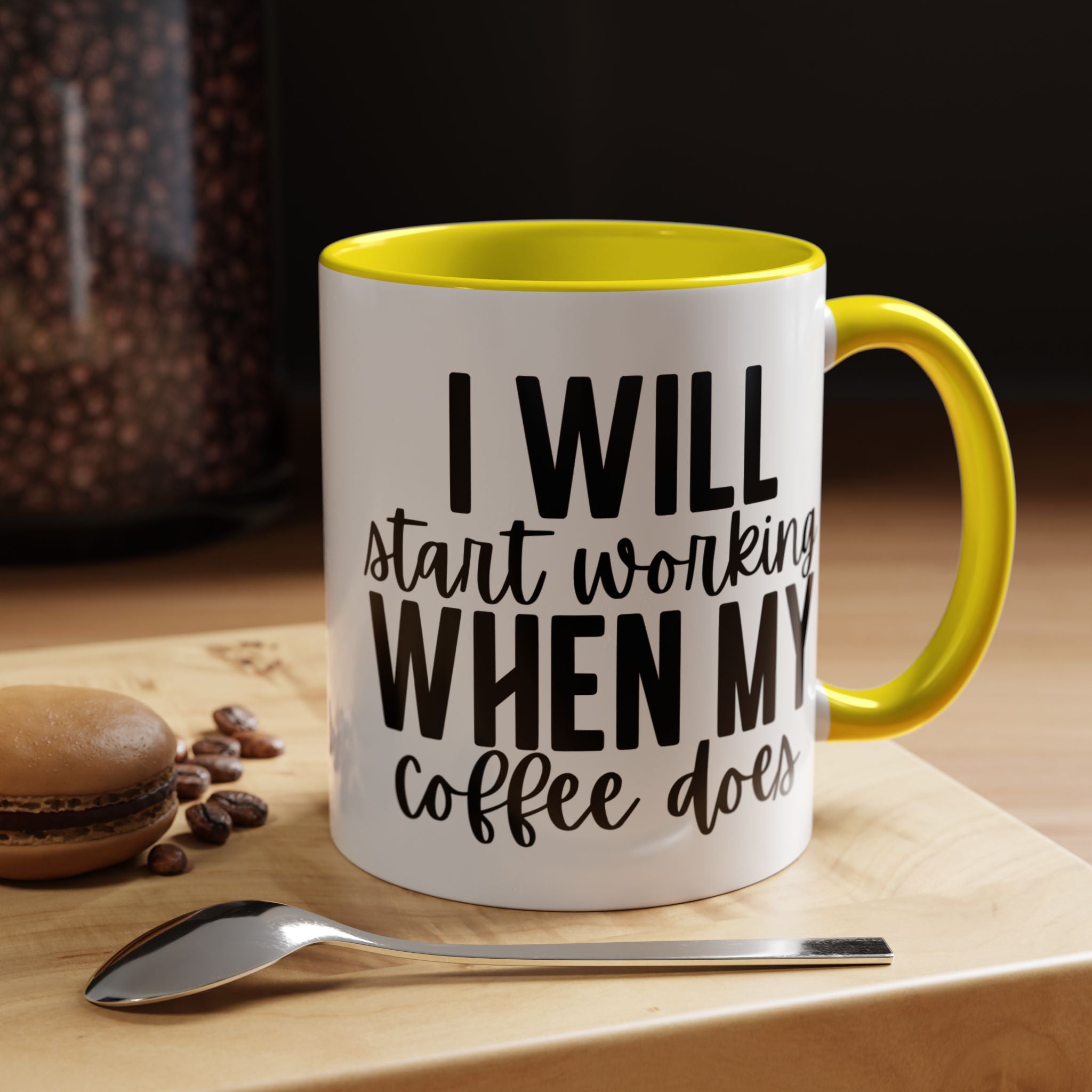 Funny Coffee Mug, Personalized Mug, I Will Start Working When My Coffee Does Accent Cup (11, 15oz), Gift Under 20, White Elephant