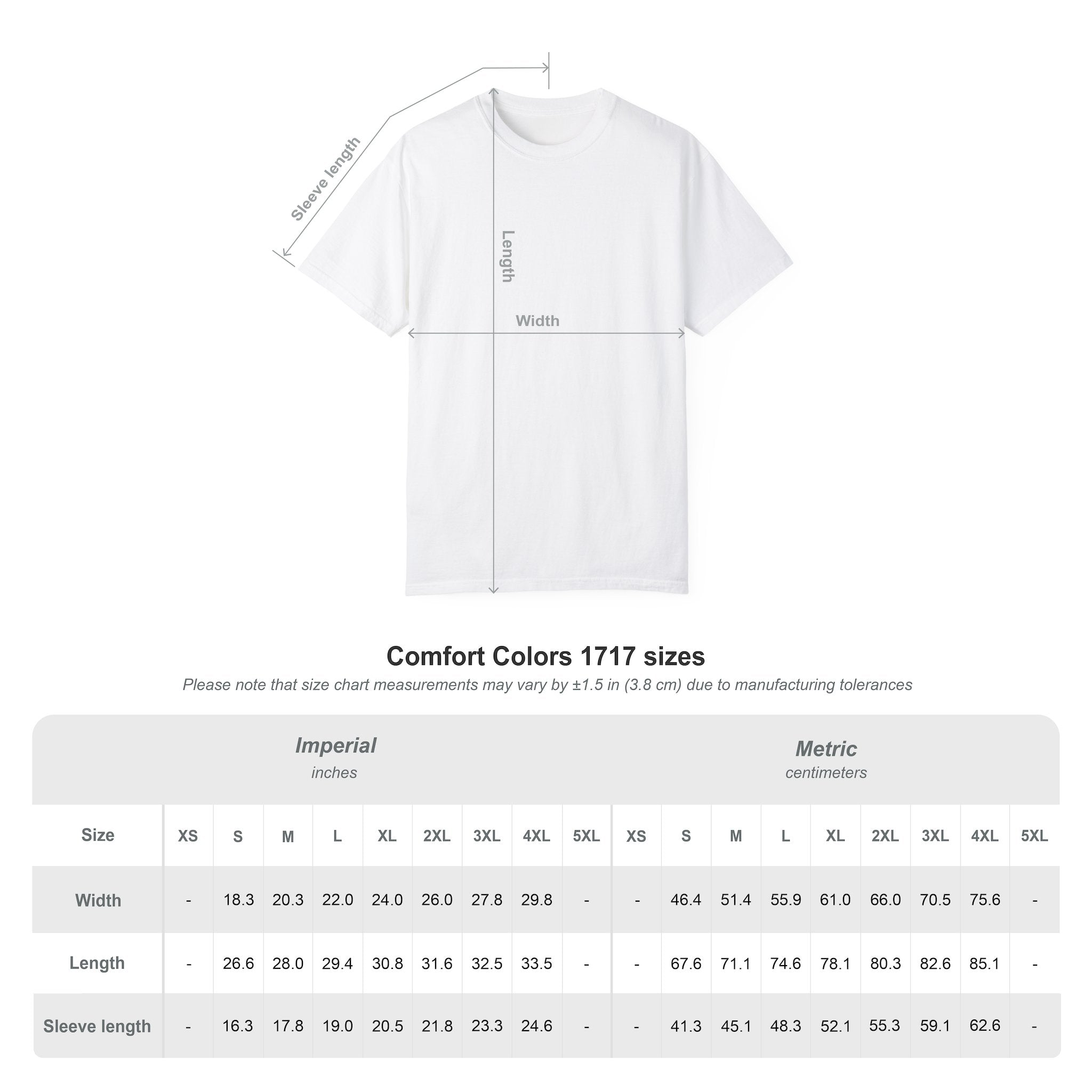 Size chart for Comfort Colors 1717 yoga graphic tee with measurements in inches and centimeters, displaying width and length for XS to 5XL.