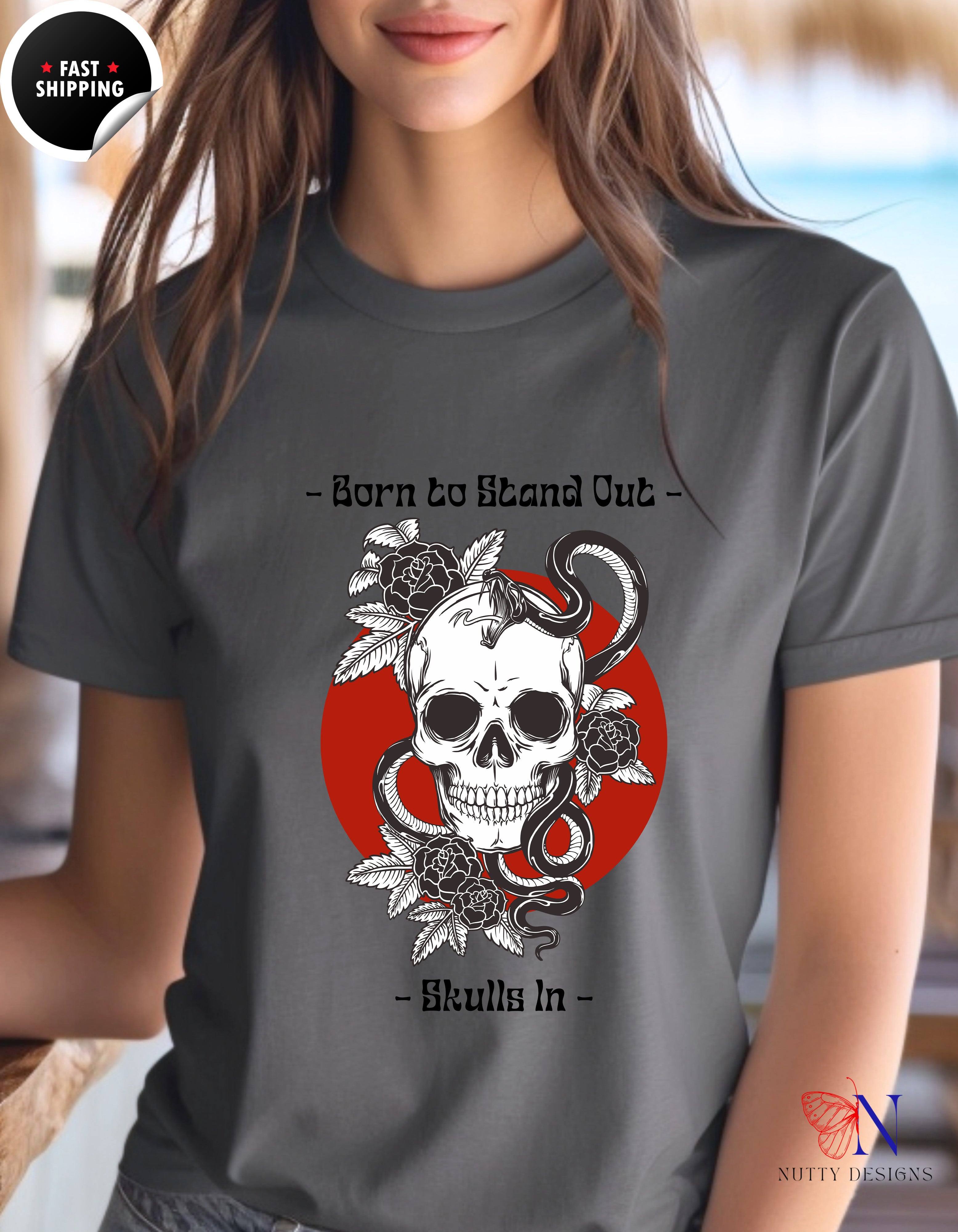 Born To Stand Out Skulls In T-Shirt Lifestyle Mockup | Nutty Designs