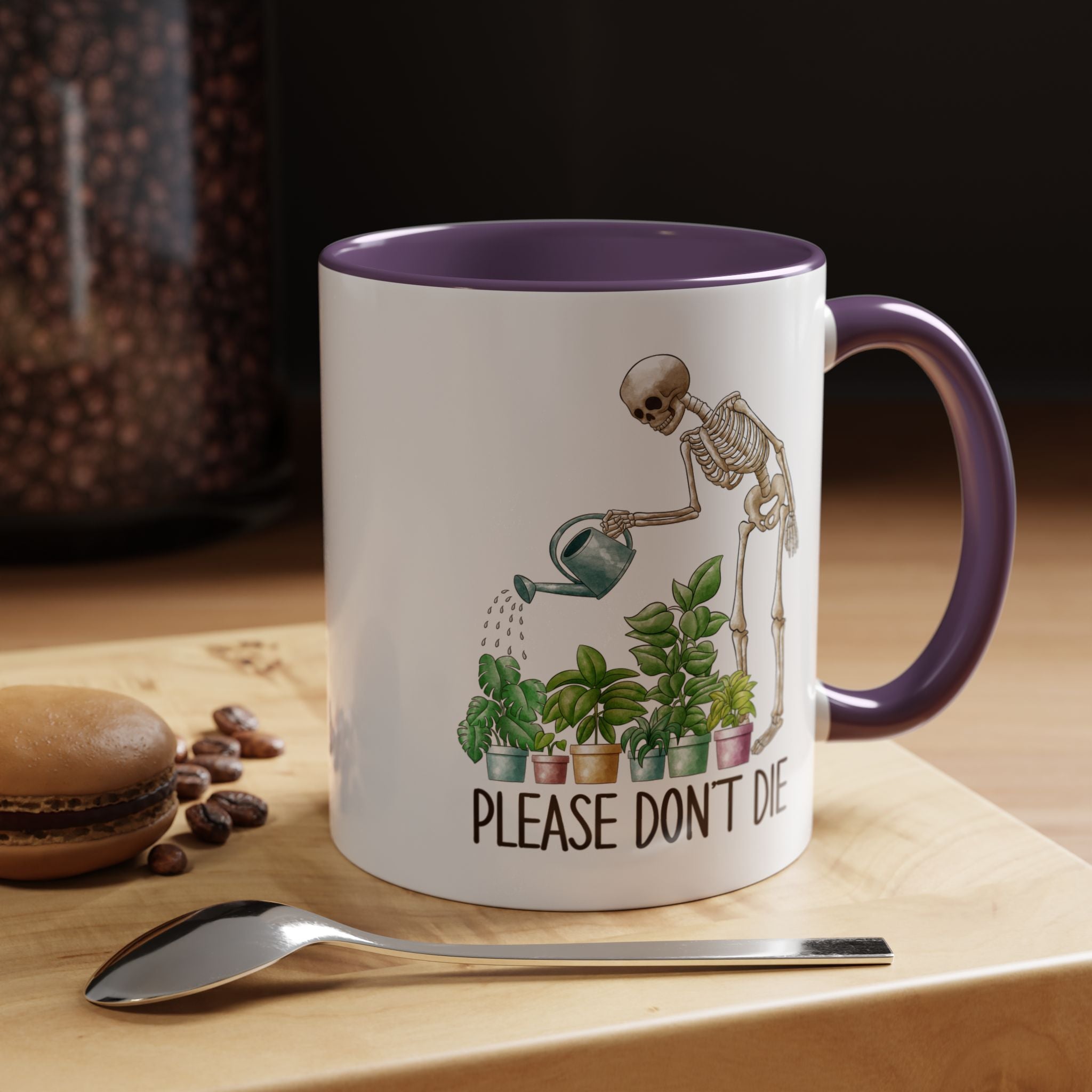 Funny Coffee Mug, Personalized Mug, Skeleton Watering Plants Saying Please Don't Die,  Accent Cup (11, 15oz), Gift Under 20, White Elephant