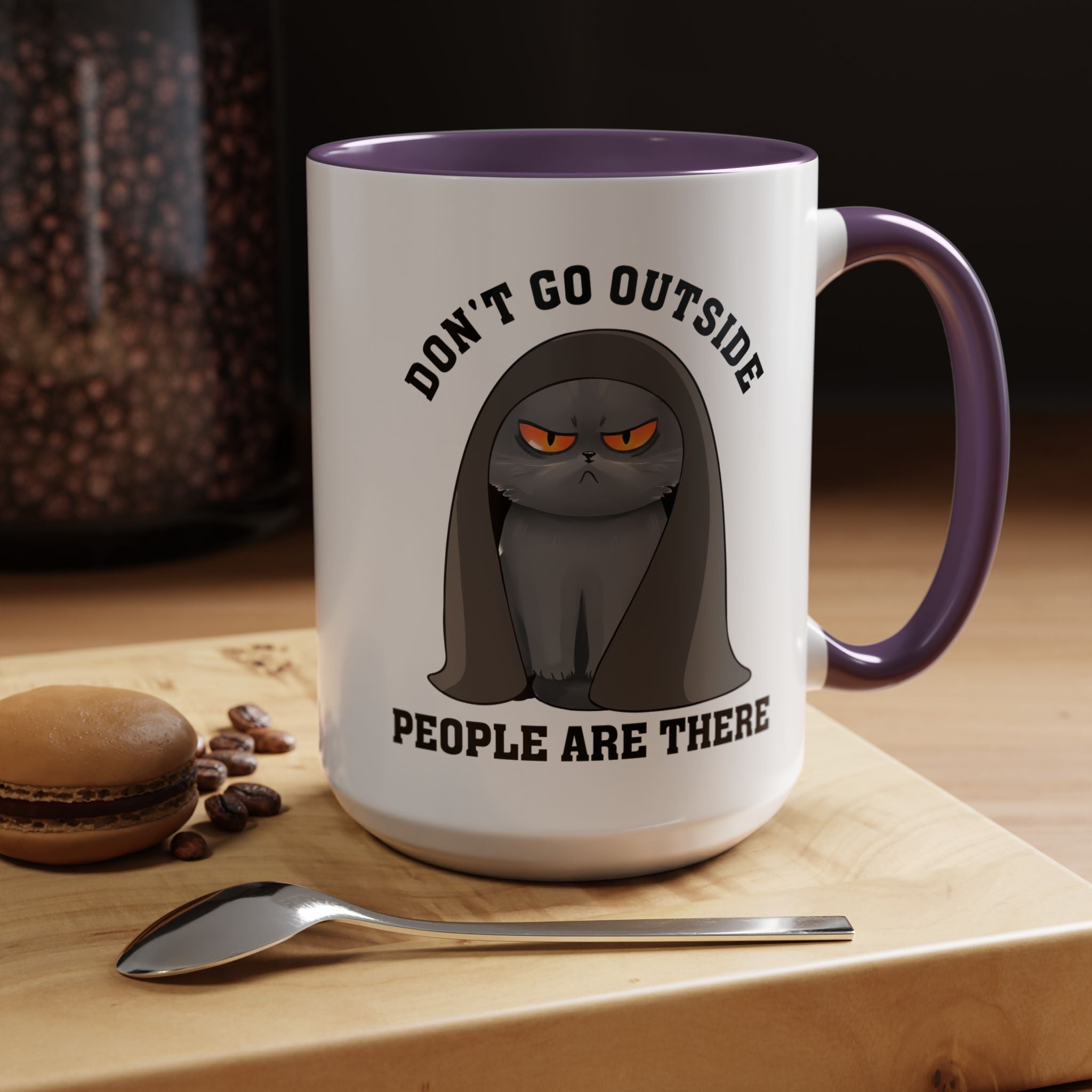 Funny Coffee Mug, Personalized Mug, Grumpy Cat Don't Go Outside People Are There Accent Cup (11, 15oz), Gift Under 20, White Elephant
