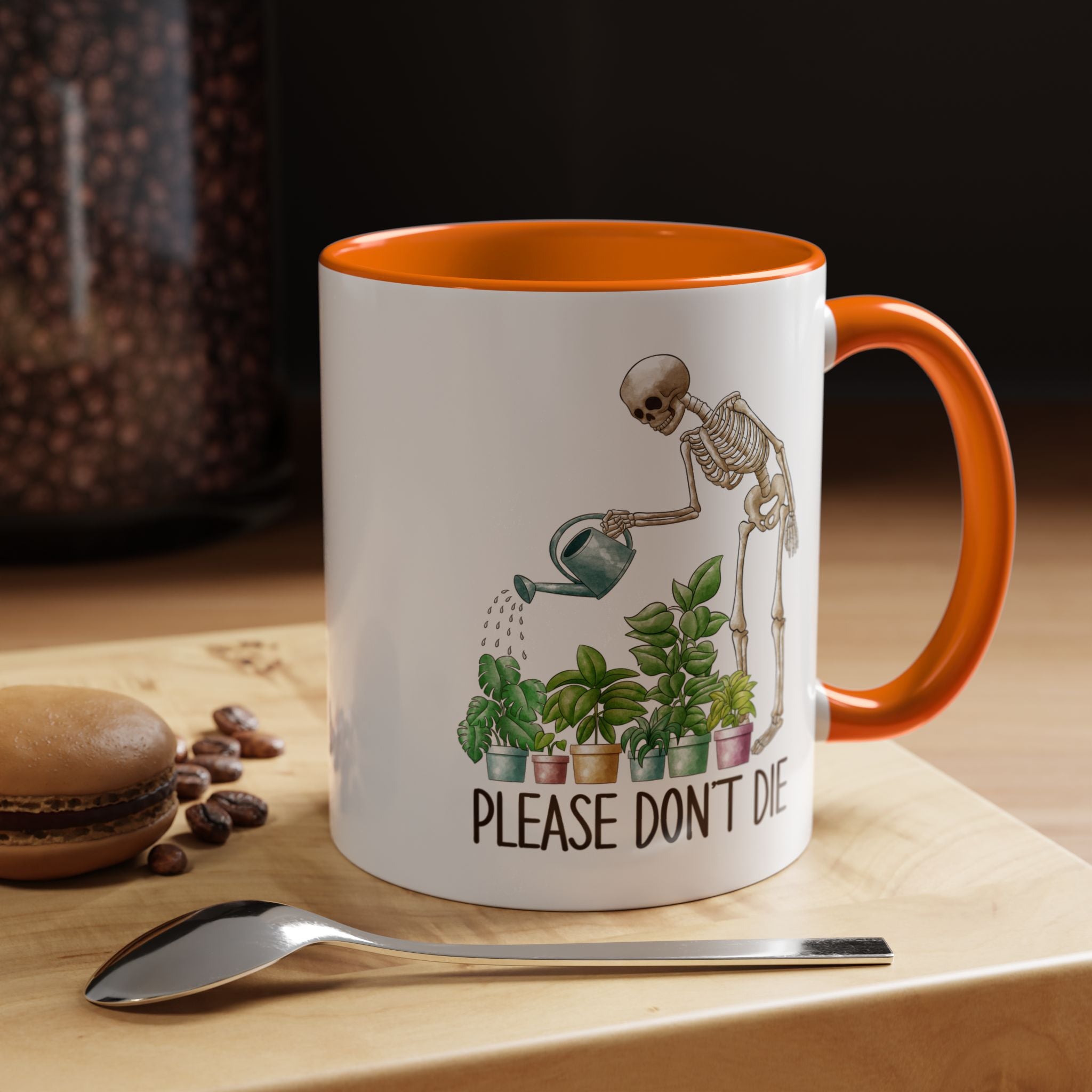 Funny Coffee Mug, Personalized Mug, Skeleton Watering Plants Saying Please Don't Die,  Accent Cup (11, 15oz), Gift Under 20, White Elephant