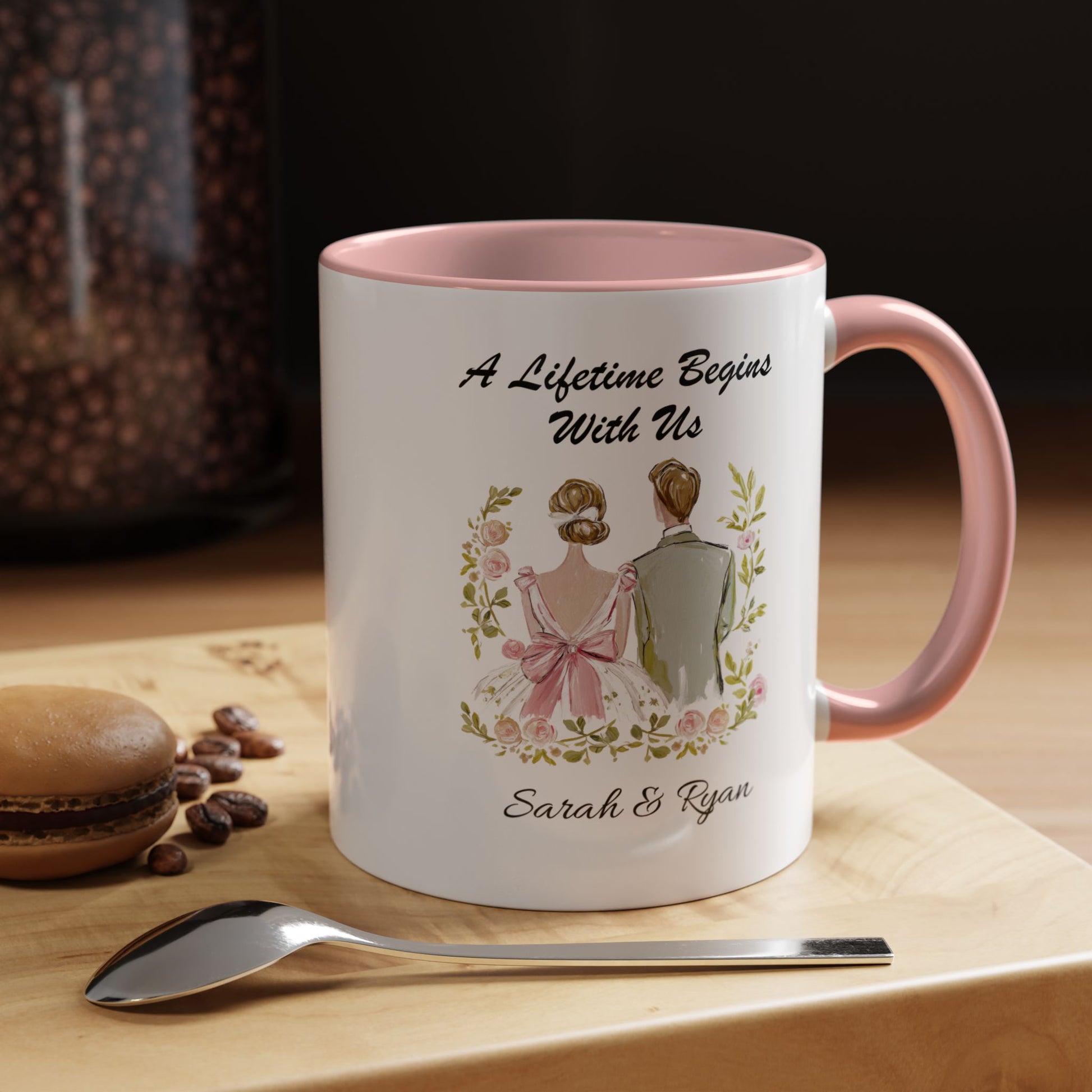 Bride and Groom Illustration A Lifetime Begins With Us Mug Lifestyle Mockup | Nutty Designs