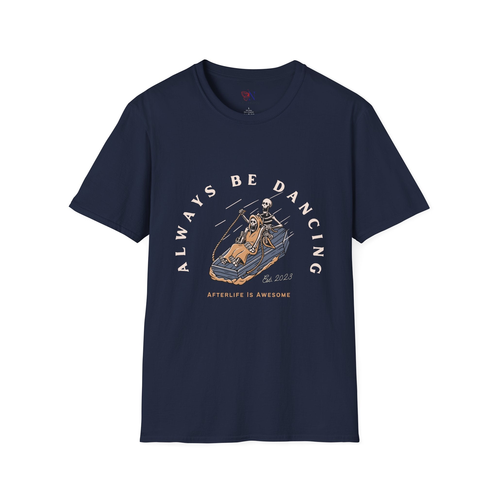 Always Be Dancing Afterlife Is Awesome Funny Skeleton Surfing in a Coffin T-shirt