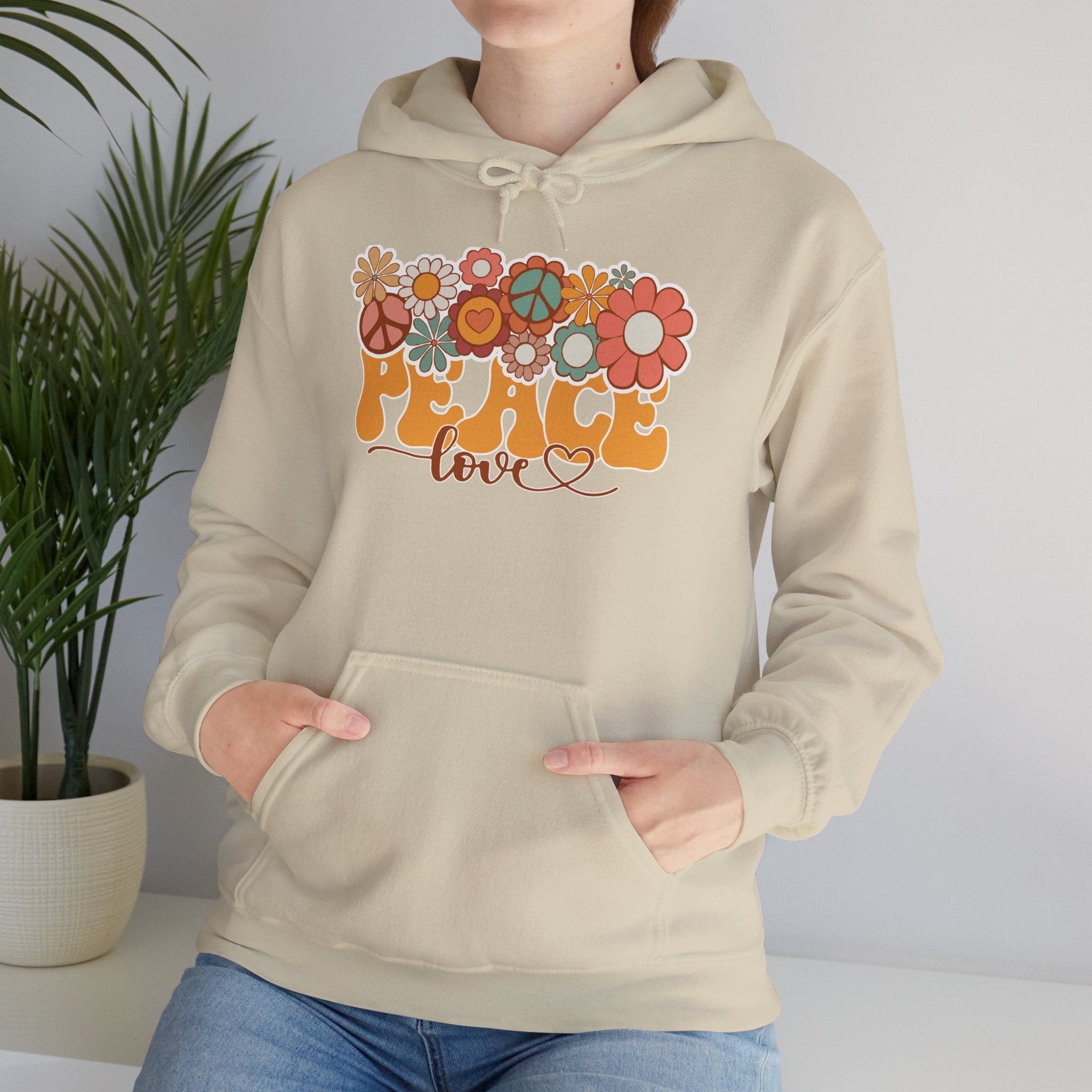 Hoodie — Retro 'Peace & Love' Floral Graphic Hoodie