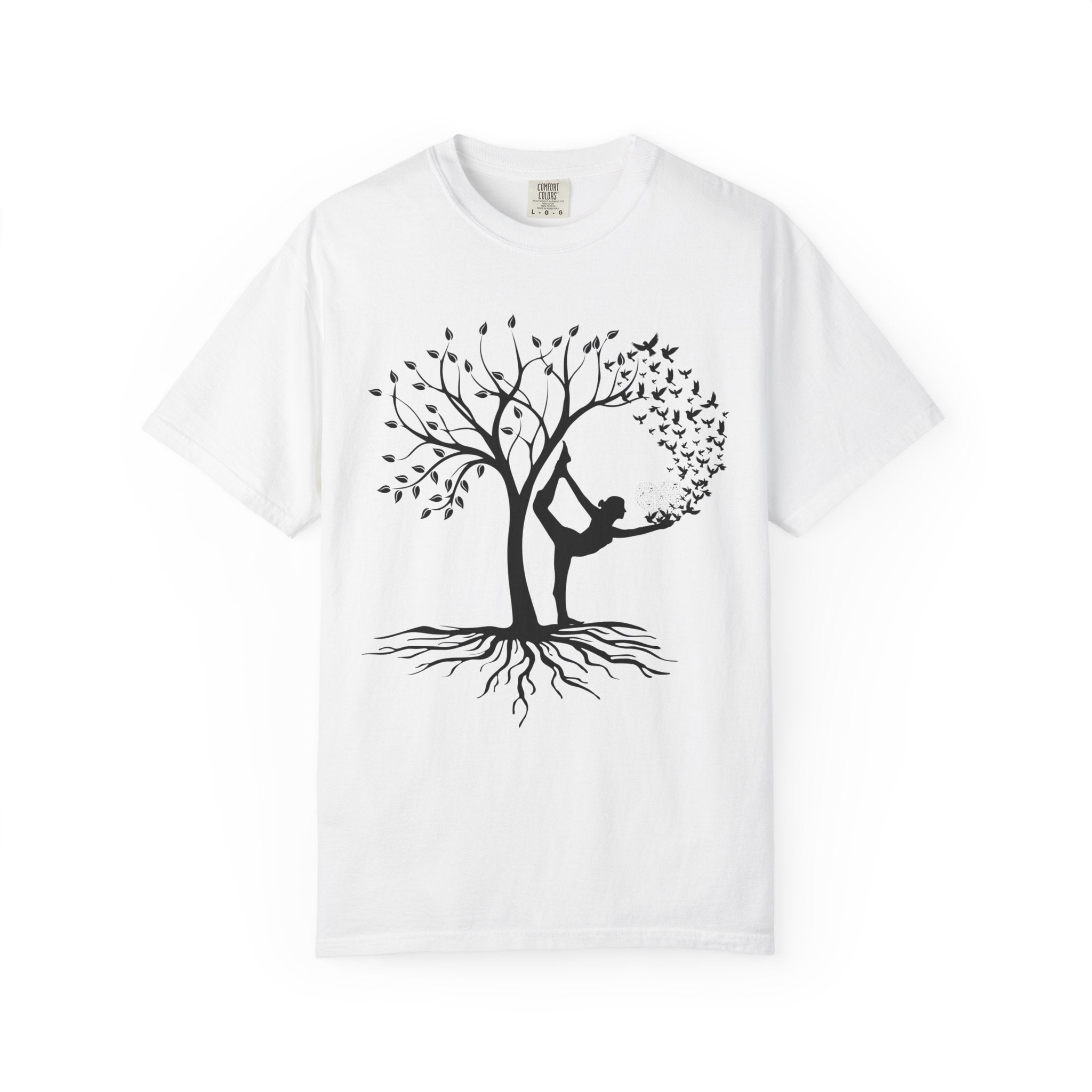 Woman Yoga Tree & Bird Meditation T-Shirt — Calming, Positive Motivational Tee
