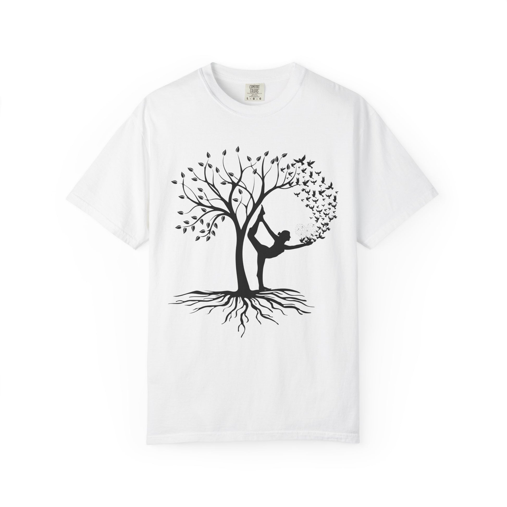 Yoga graphic tee with tree and pose design, motivational and calming, perfect for meditation and workouts, white t-shirt.