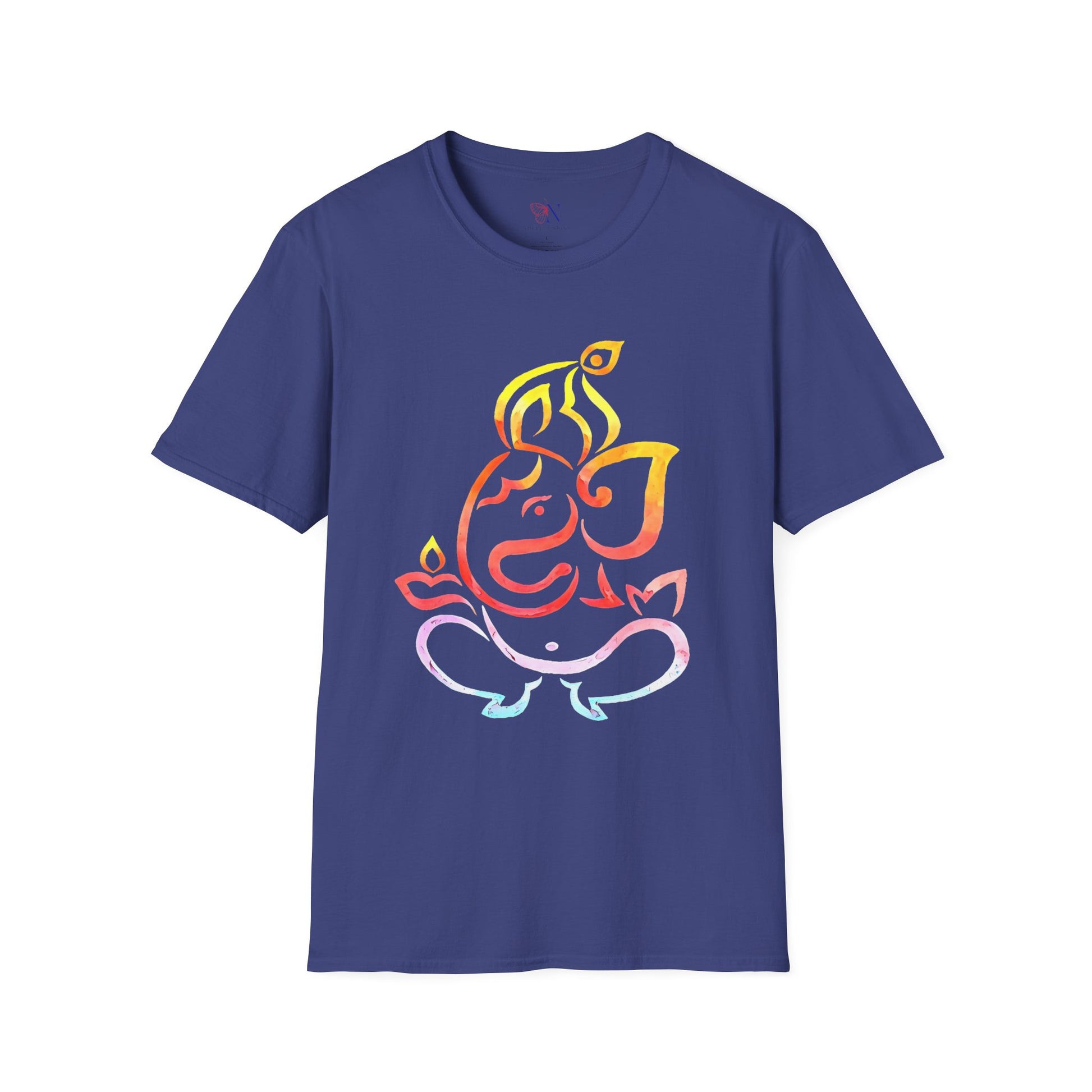 Blue T-shirt featuring a vibrant, colorful Ganesha graphic design, perfect for spiritual and casual wear.