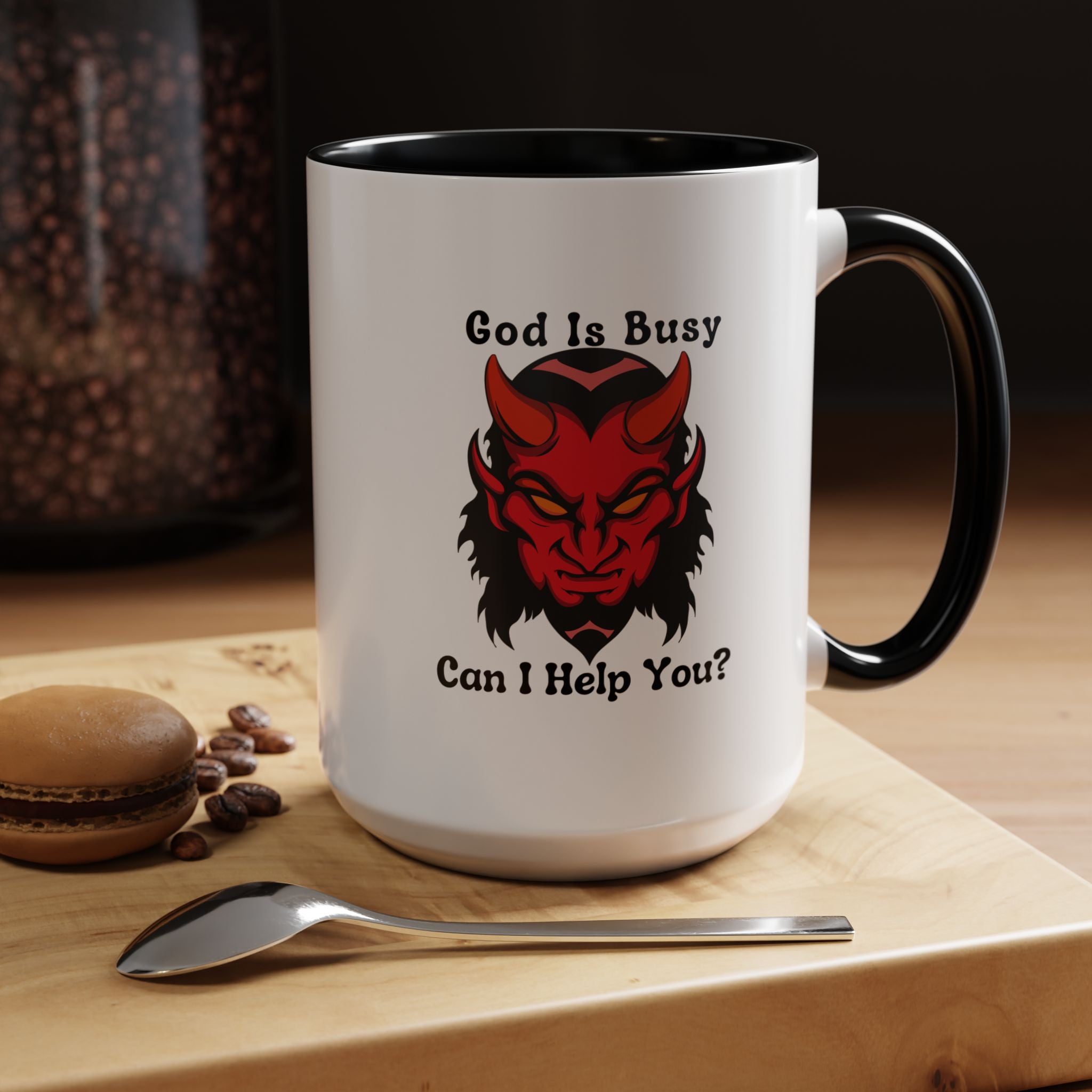 Funny Coffee Mug, Personalized Mug, God Is Busy Can I Help You Accent Cup (11, 15oz), Gift Under 20, White Elephant gift, Ashiest Cup