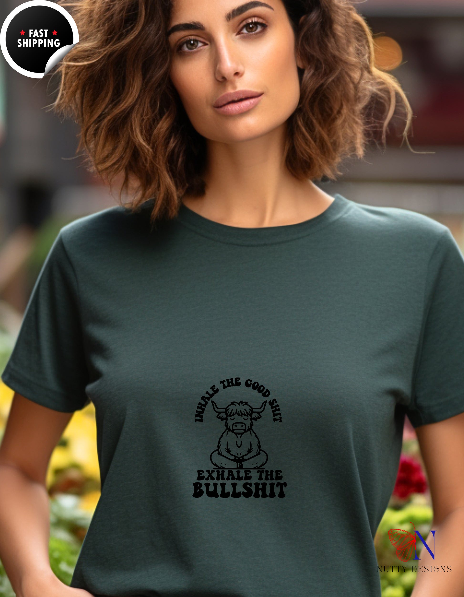 Mindful Cow — "Inhale the Good Shit, Exhale the Bullshit" Hoodie Lifestyle Mockup | Nutty Designs