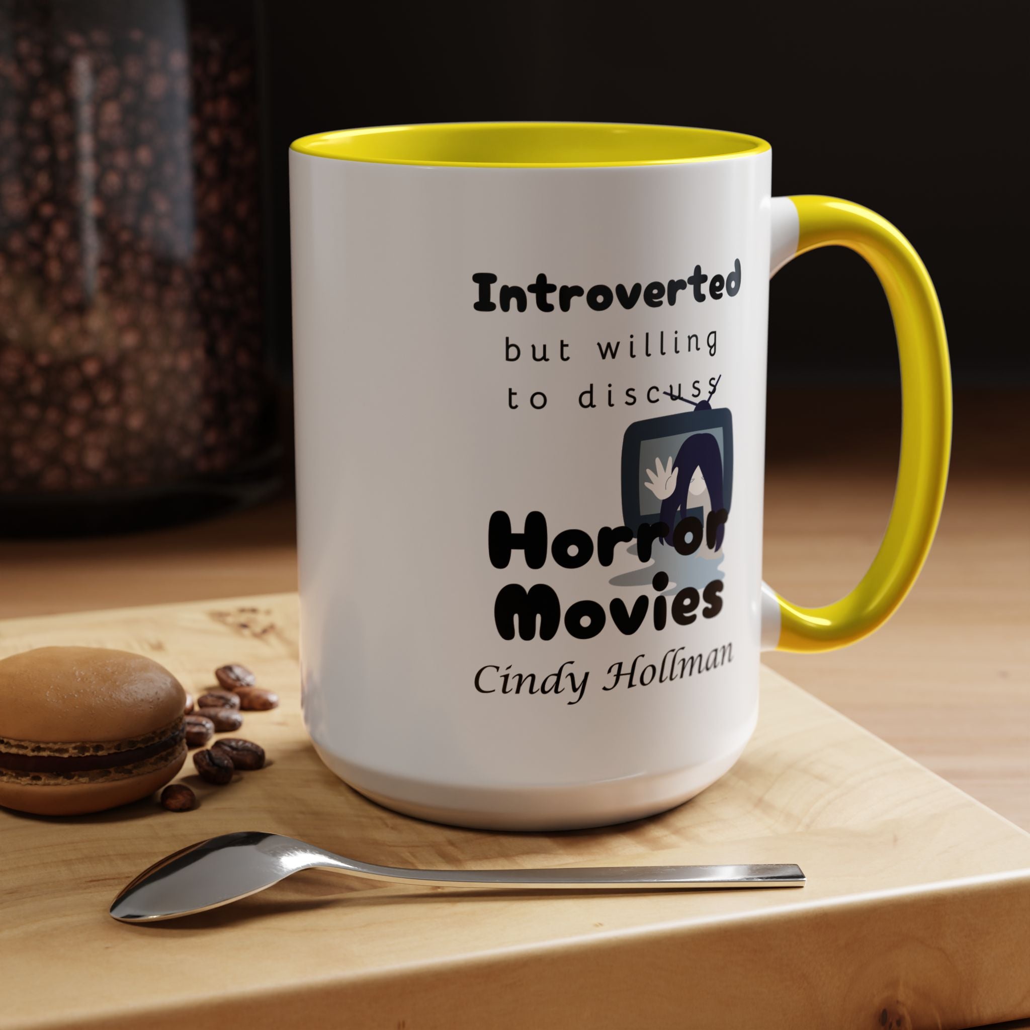 Introverted But Willing To Discuss Horror Movies Personalized Accent Coffee Mug (11 and 15oz)