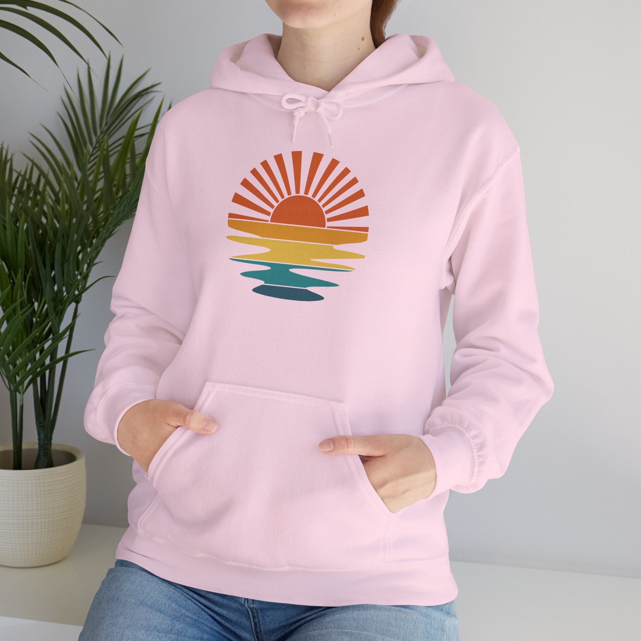 Sunset Minimalist Hoodie — Retro Sunrise Graphic Hooded Sweatshirt