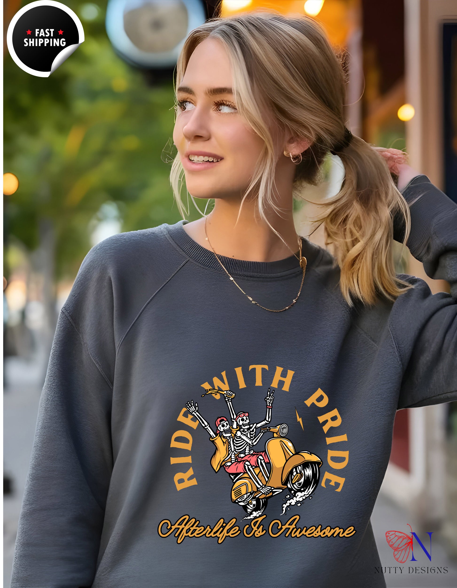Ride With Pride -Afterlife Is Awesome, Diversity LGBTQ Sweatshirt Lifestyle Mockup | Nutty Designs