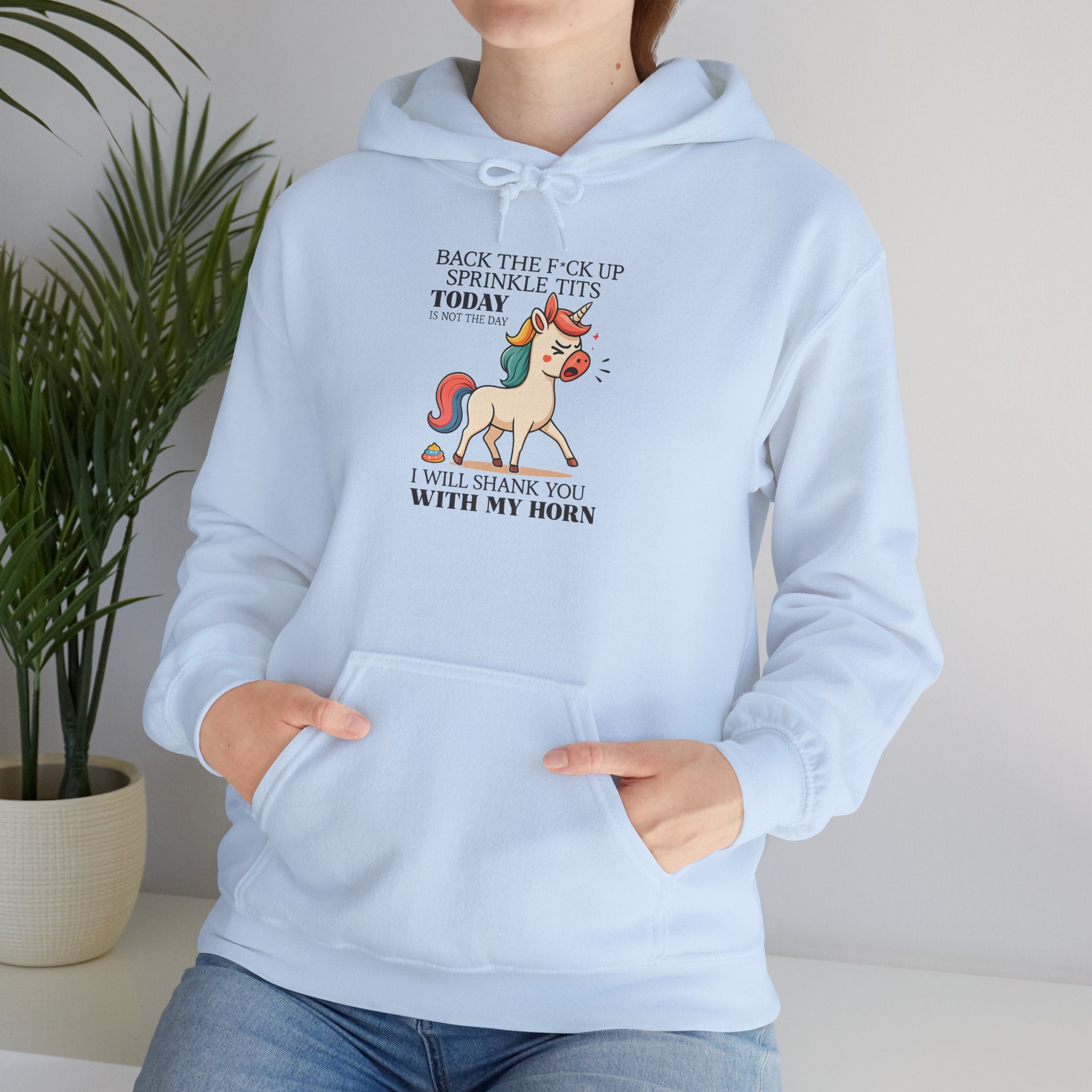 Funny Unicorn Hoodie — "Back the F**k Up Sprinkle Today I Will Shank You With My Horn"