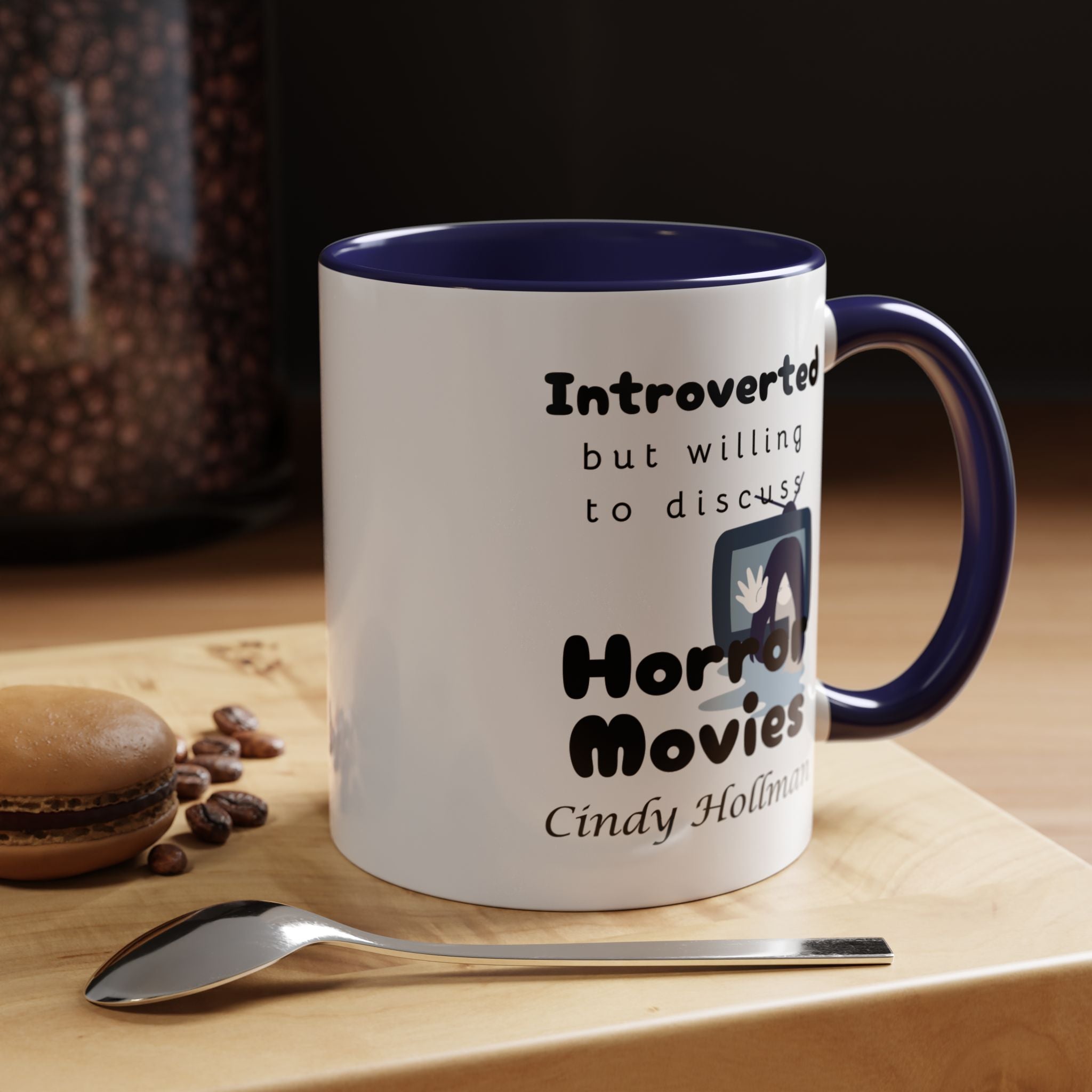 Introverted But Willing To Discuss Horror Movies Personalized Accent Coffee Mug (11 and 15oz)