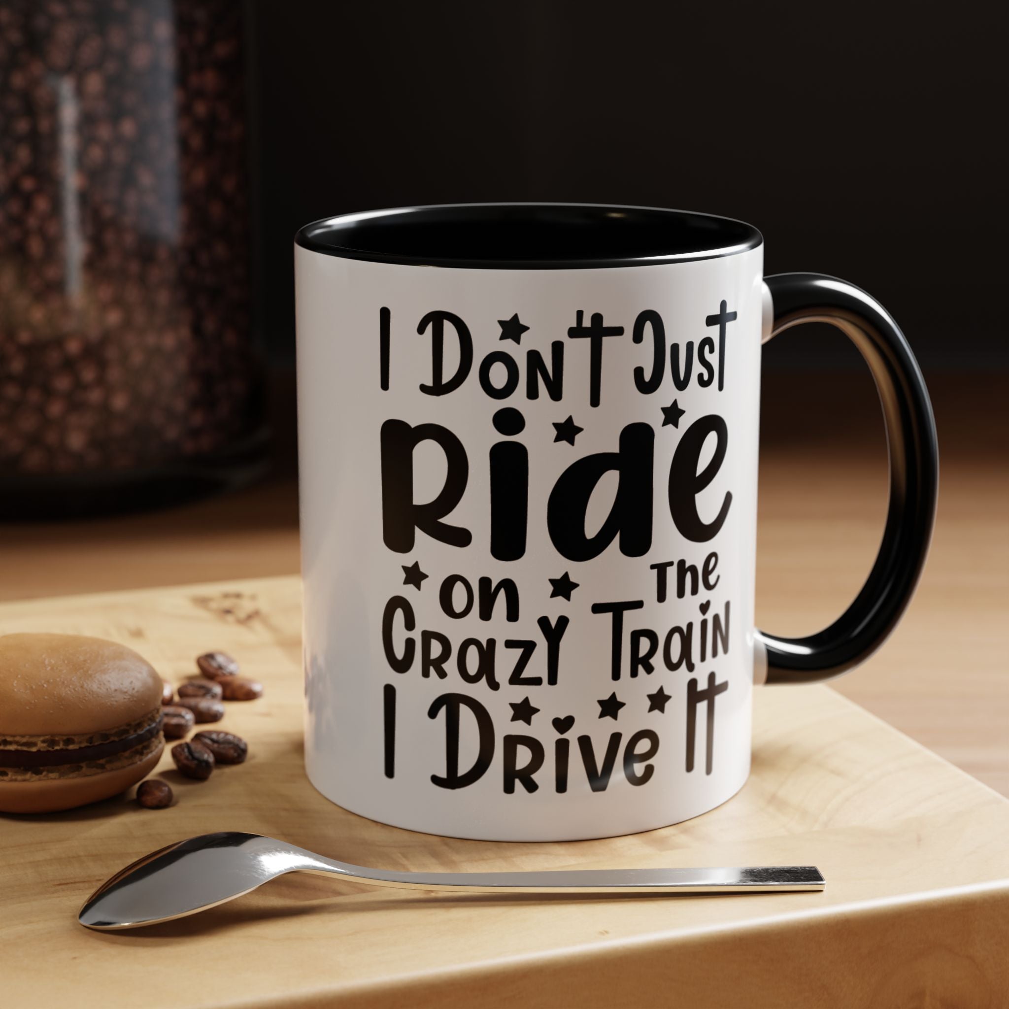 Funny Coffee Mug, Personalized Mug, I don't Just Ride On The Crazy Train I Drive It,  Accent Cup (11, 15oz), Gift Under 20, White Elephant