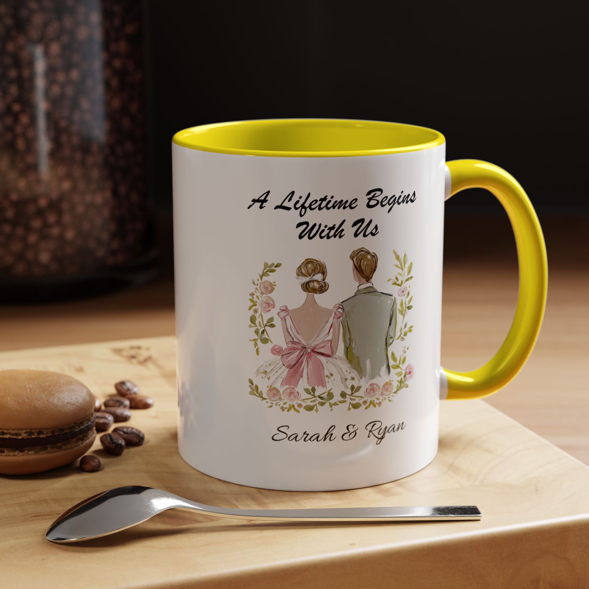 Bride and Groom Illustration A Lifetime Begins With Us Mug Lifestyle Mockup | Nutty Designs