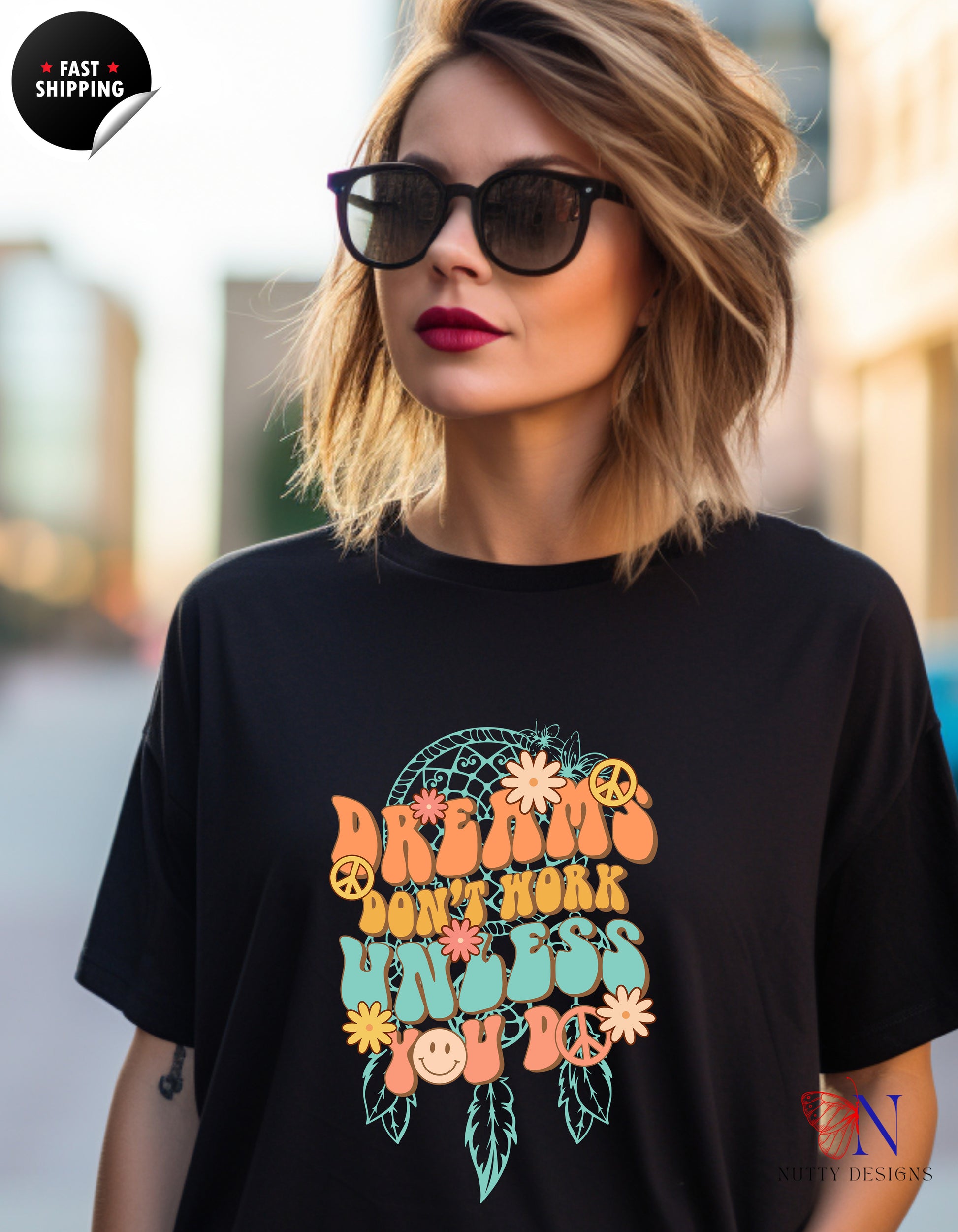 Dreams Don't Work Unless You Do , Motivational T-Shirt Lifestyle Mockup | Nutty Designs