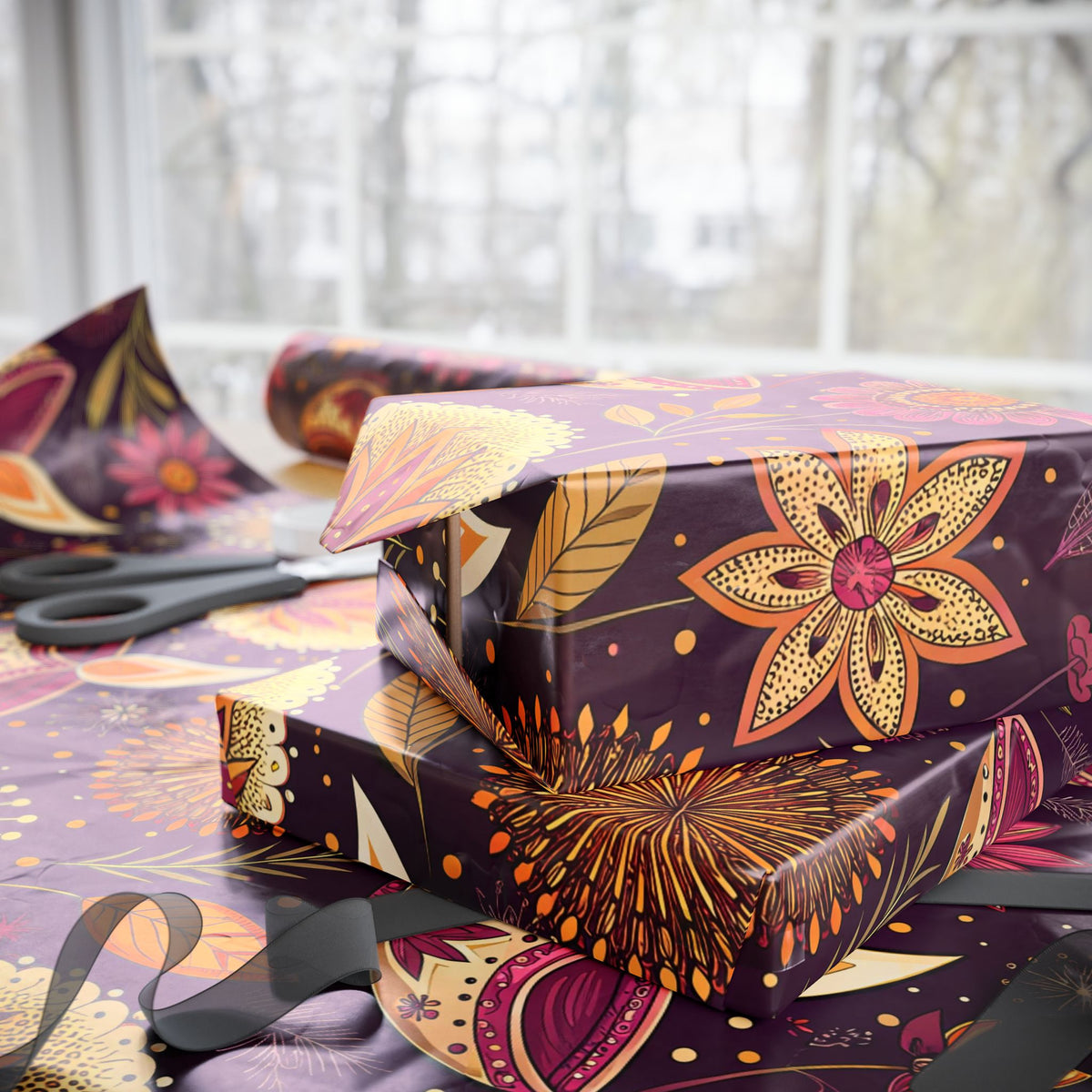 Diwali Wrapping Paper Roll - Purple Diyas & Floral Indian Gift Wrap