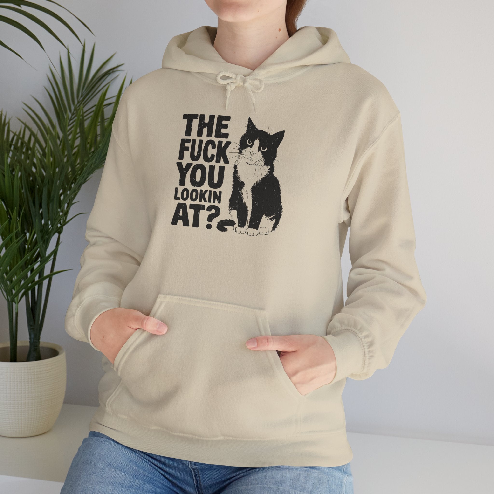 Graphic Hoodie — 'The Fuck You Lookin' At?' Cat Print Hooded Sweatshirt