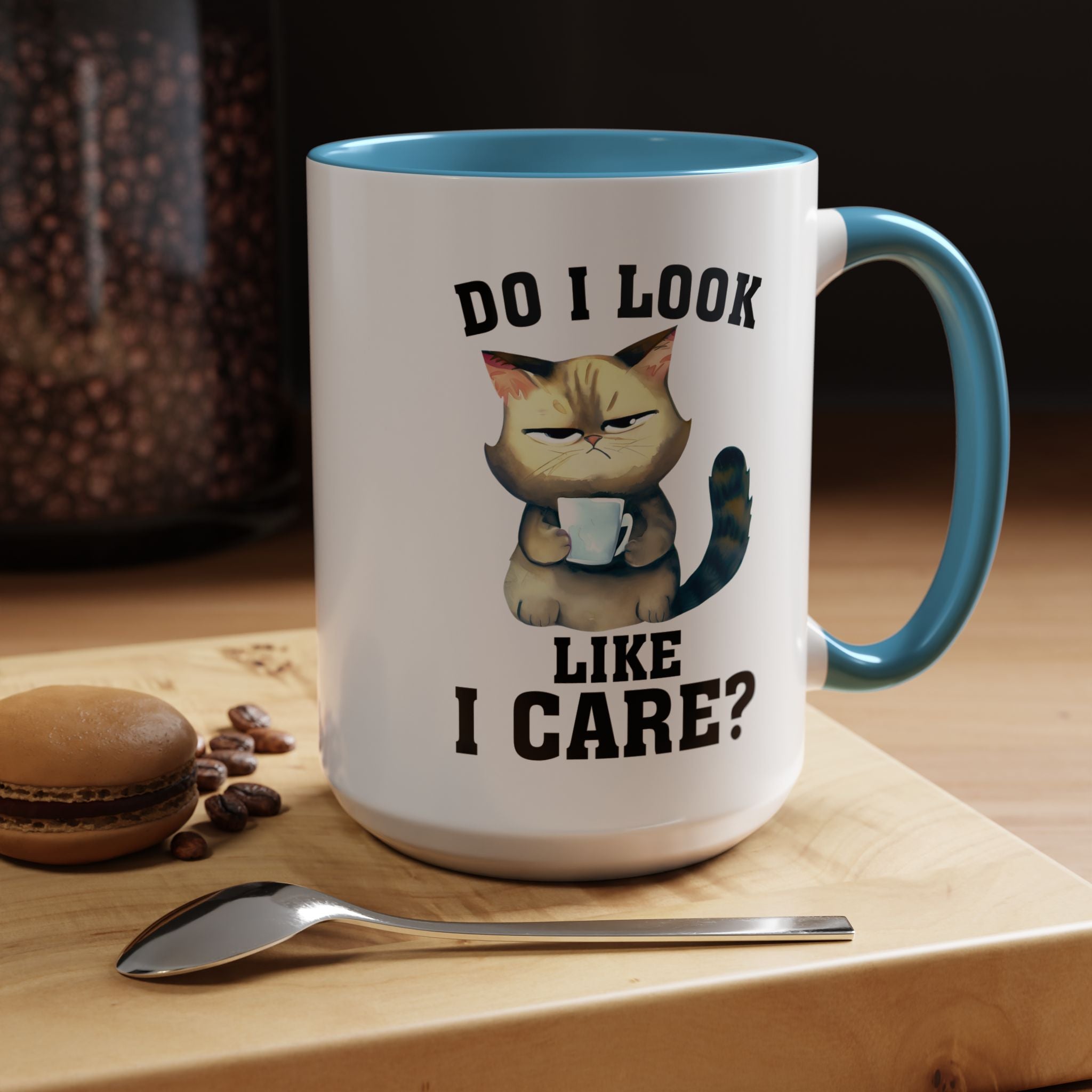 Funny Coffee Mug, Personalized Mug, Grumpy Cat DO I Look Like I Care Accent Cup (11, 15oz), Gift Under 20, White Elephant gift