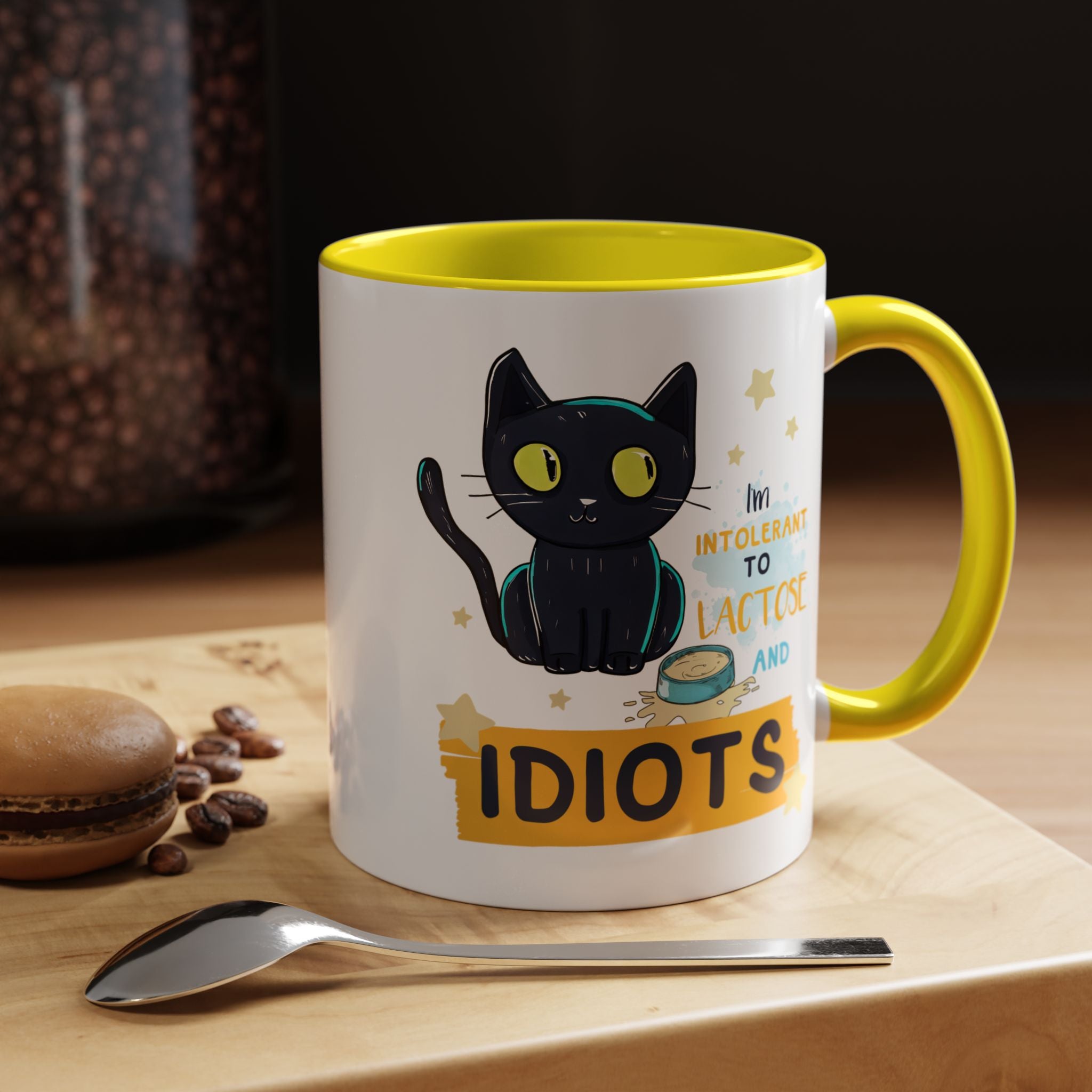Funny Coffee Mug, Personalized Mug, Cute Cat Intolerant To Lactose and Idiots Accent Cup (11, 15oz), Gift Under 20, White Elephant gift