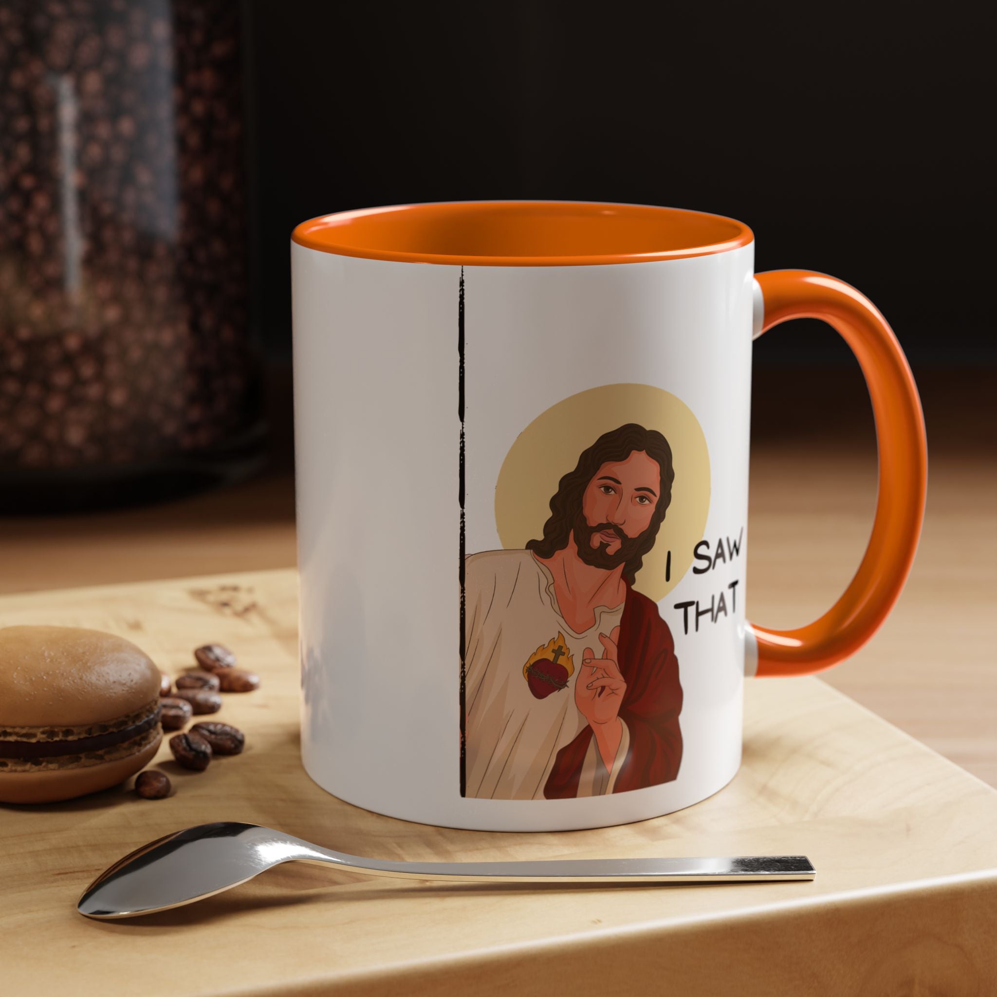 Peeking Jesus, I saw That Funny Coffee Mug, Personalized Mug, Accent Cup (11, 15oz), Gift Under 20, Gift for Atheist, faith based cup