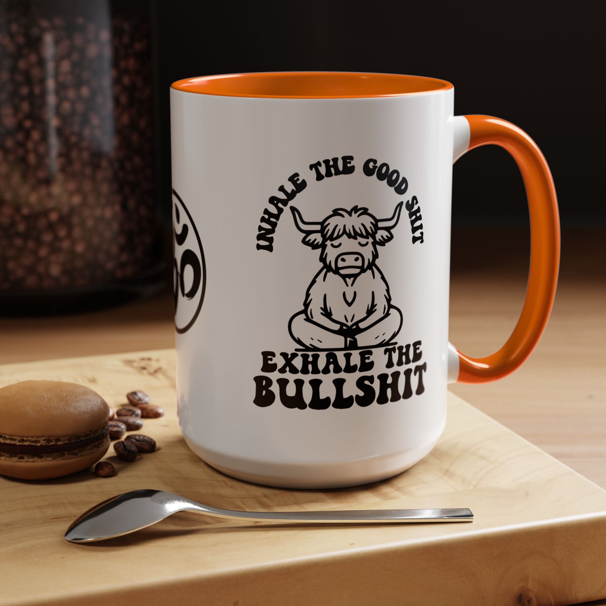 Inhale the Good Shit Exhale The Bullshit Cute Cow Chanting Om Accent Coffee Mug (11, 15oz)