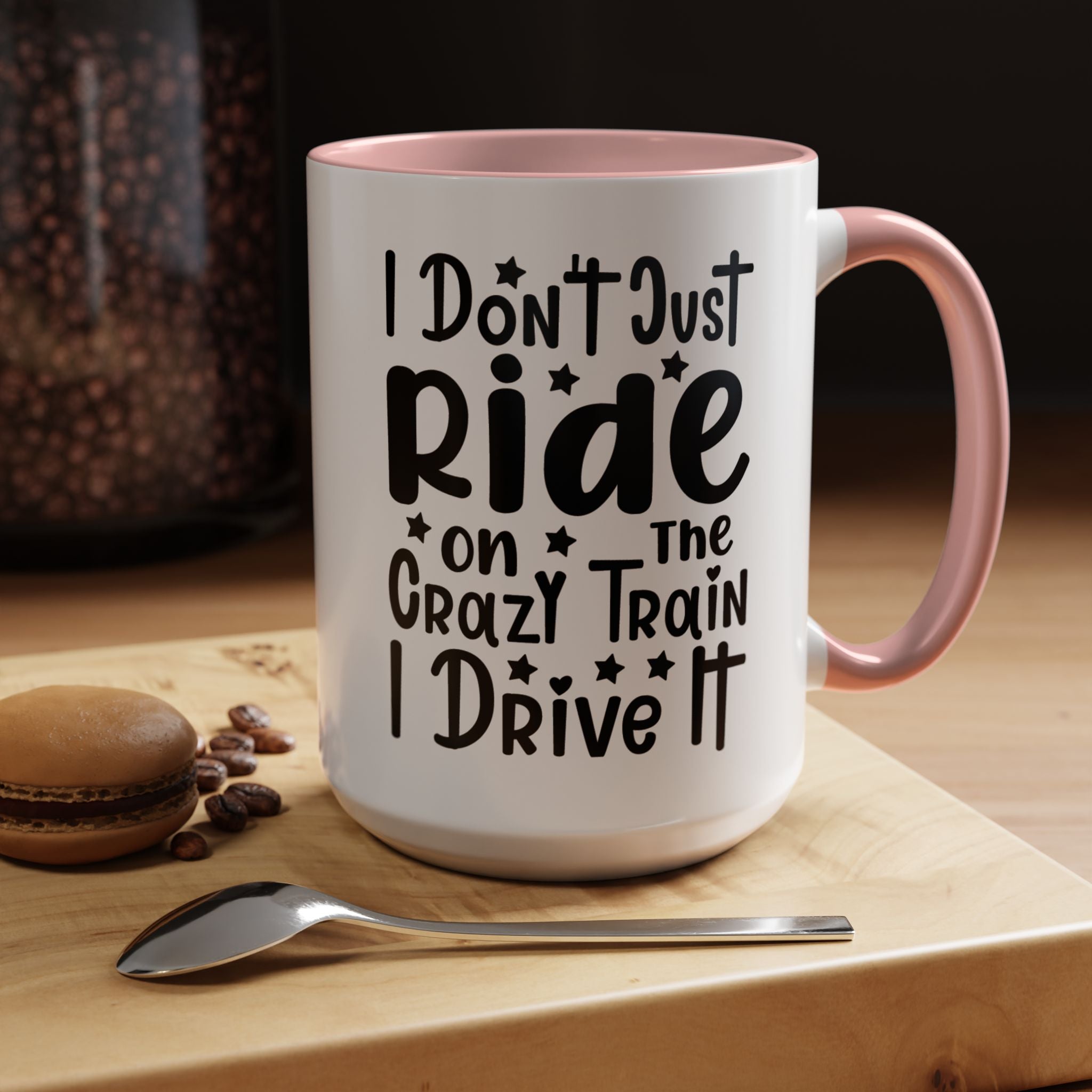 Funny Coffee Mug, Personalized Mug, I don't Just Ride On The Crazy Train I Drive It,  Accent Cup (11, 15oz), Gift Under 20, White Elephant