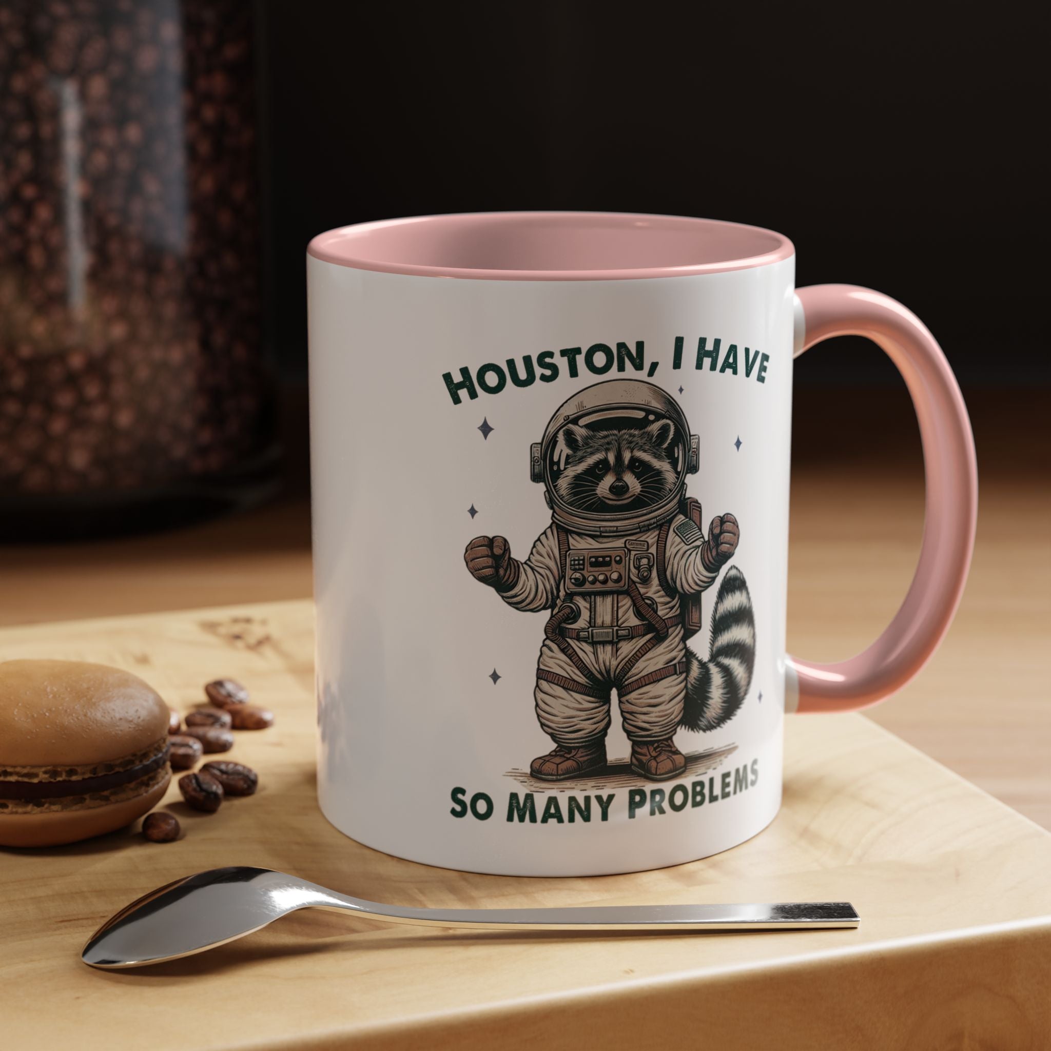 Funny Coffee Mug, Personalized Mug, Funny Racoon Houston I Have So Many Problems,  Accent Cup (11, 15oz), Gift Under 20, White Elephant gift