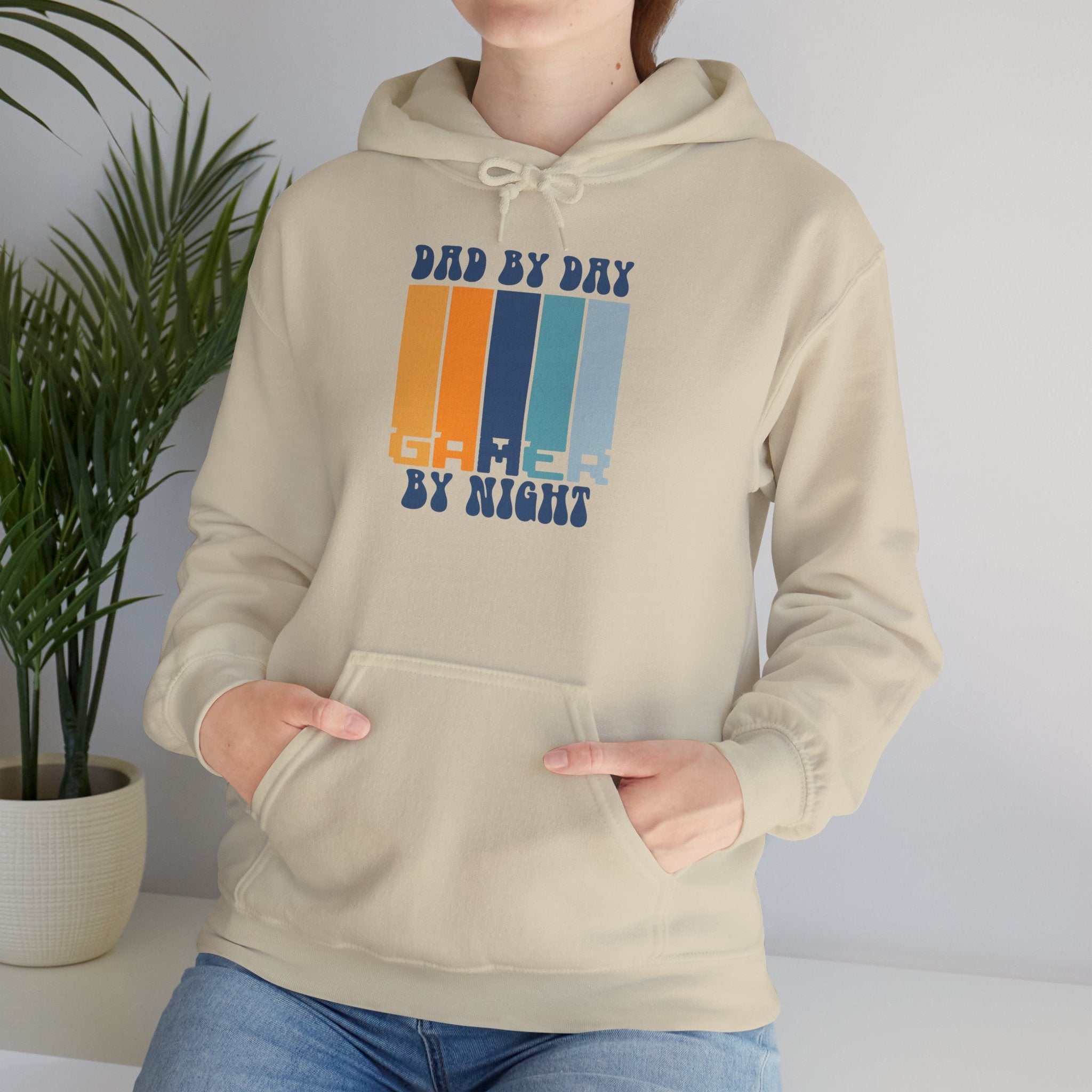 Dad by Day Gamer by Night Hoodie – Retro Stripes Gaming Dad Sweatshirt