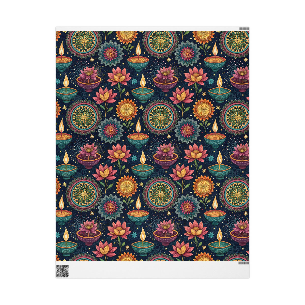 Diwali Wrapping Paper Roll - Navy Diyas, Lotus & Fireworks Indian Gift Wrap