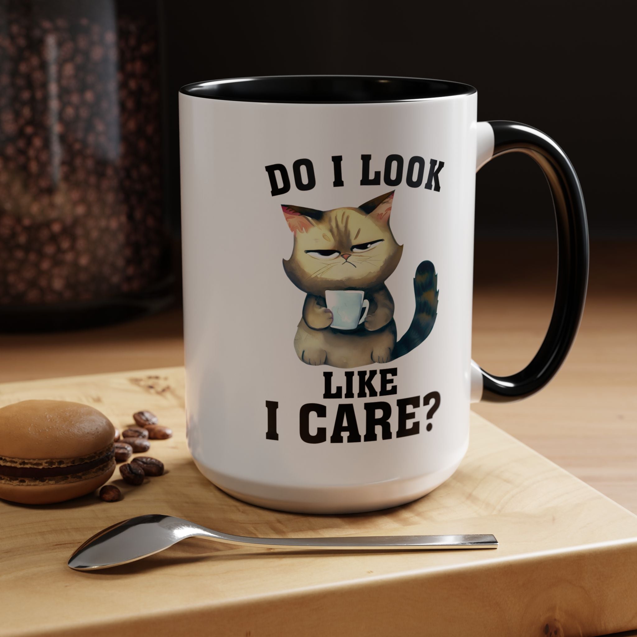Funny Coffee Mug, Personalized Mug, Grumpy Cat DO I Look Like I Care Accent Cup (11, 15oz), Gift Under 20, White Elephant gift