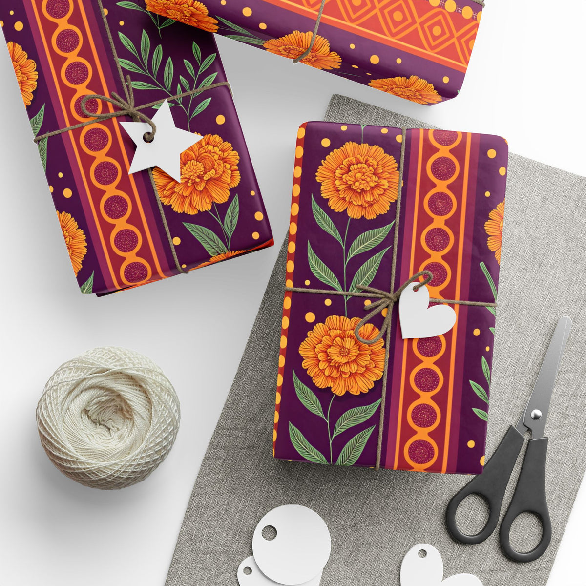 Diwali Wrapping Paper Roll - Marigold Festive Stripe Indian Gift Wrap