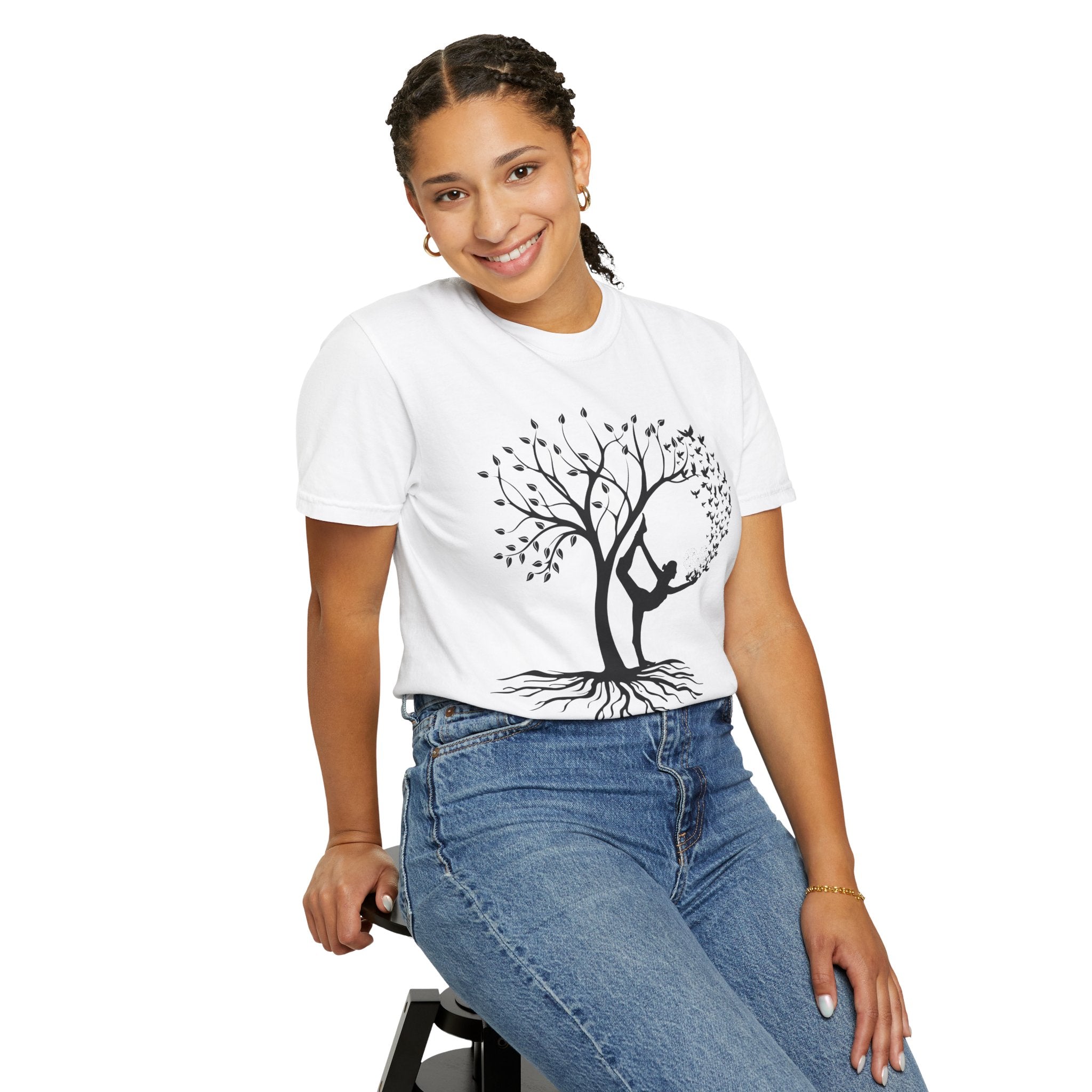 Woman Yoga Tree & Bird Meditation T-Shirt — Calming, Positive Motivational Tee