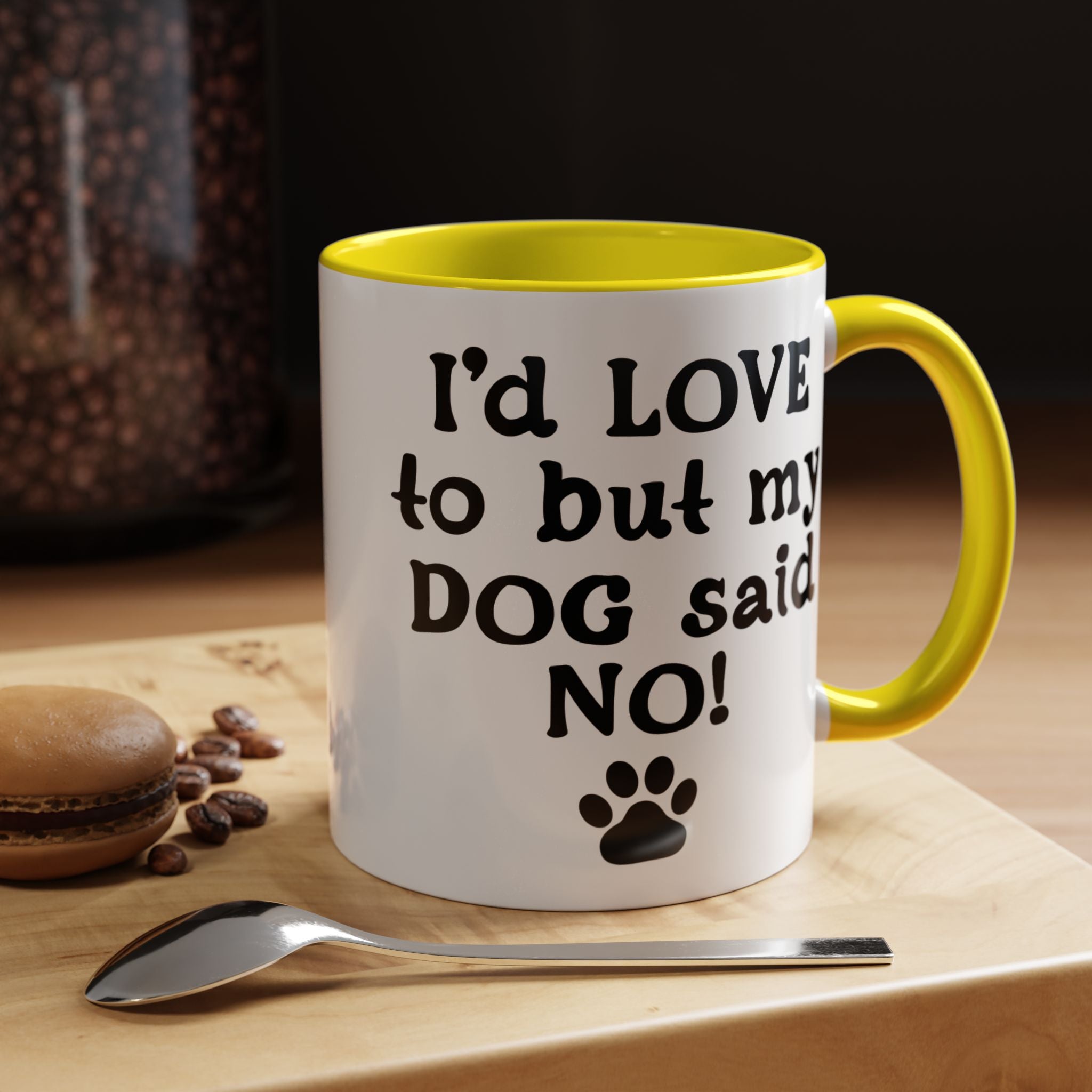 Funny Coffee Mug, Personalized Mug, I 'd Love To But My Dog Said No! Accent Cup (11, 15oz), Gift Under 20, White Elephant