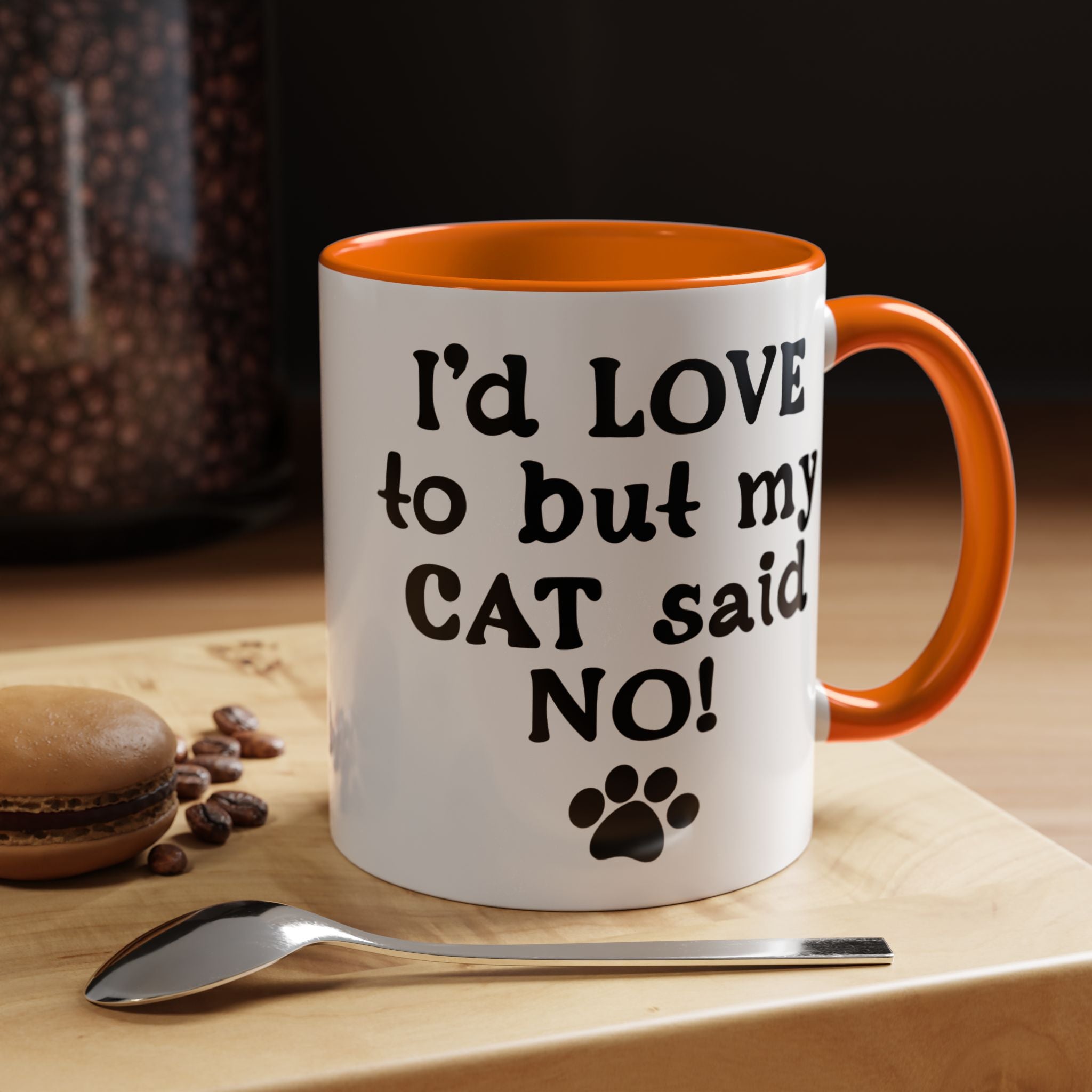 Funny Coffee Mug, Personalized Mug, I 'd Love To But My Cat Said No! Accent Cup (11, 15oz), Gift Under 20, White Elephant