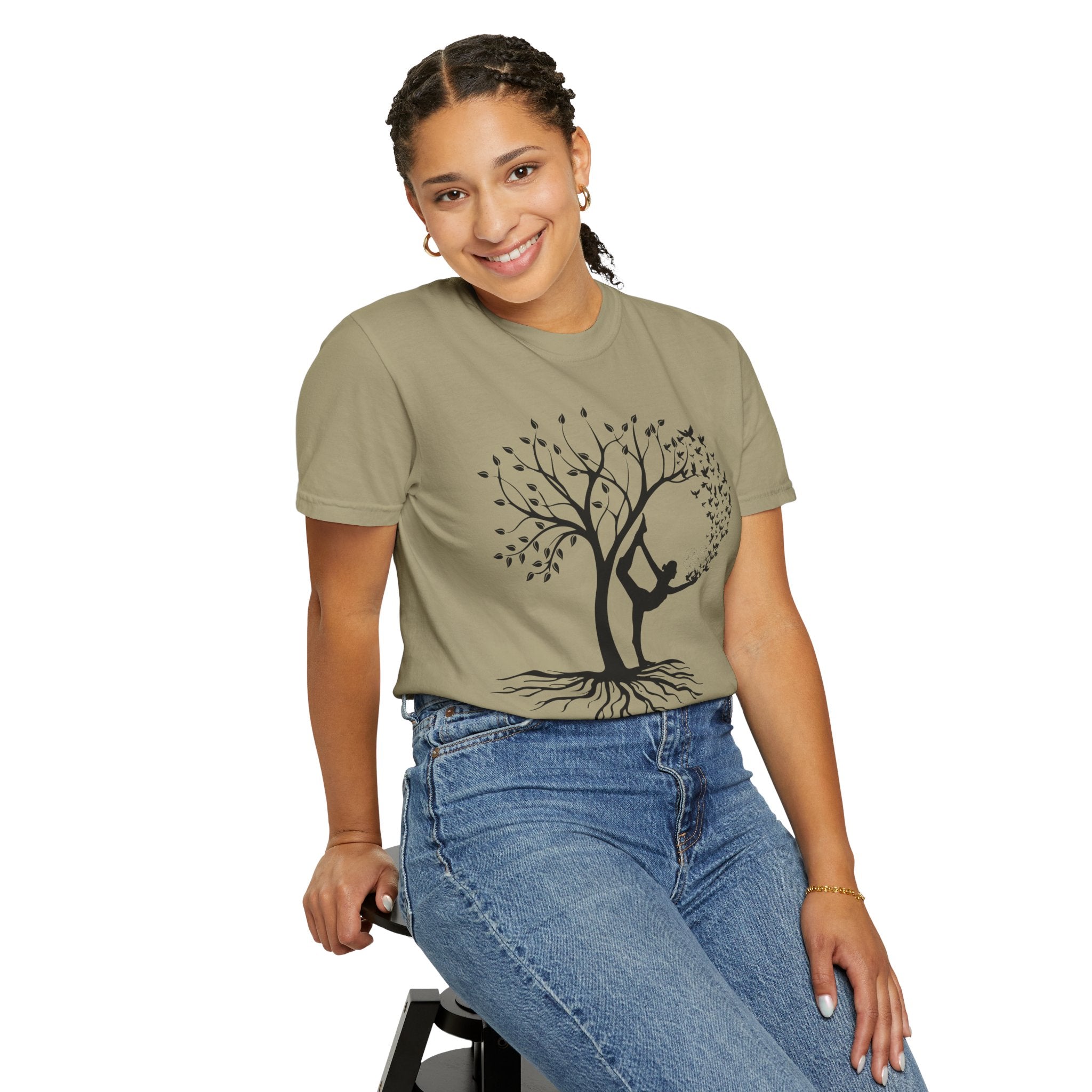 Woman Yoga Tree & Bird Meditation T-Shirt — Calming, Positive Motivational Tee