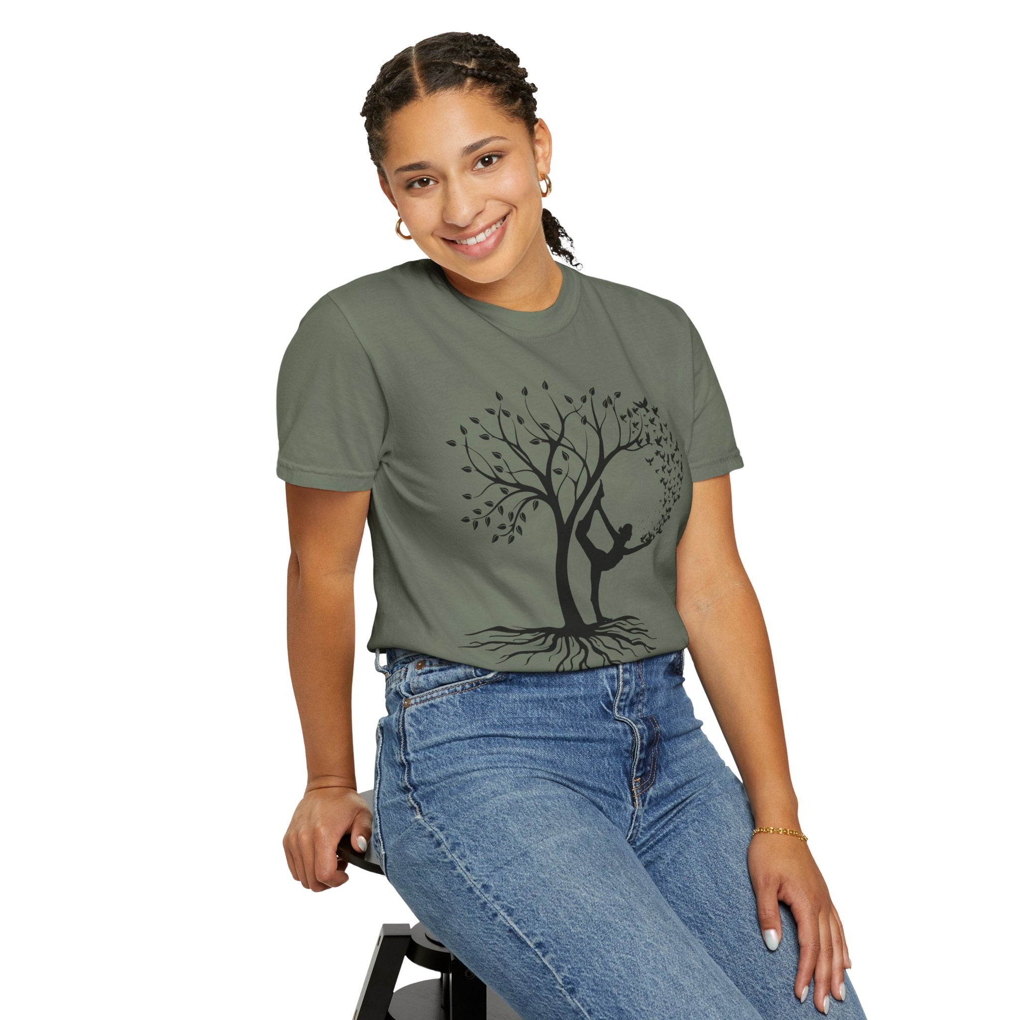 Woman Yoga Tree & Bird Meditation T-Shirt — Calming, Positive Motivational Tee